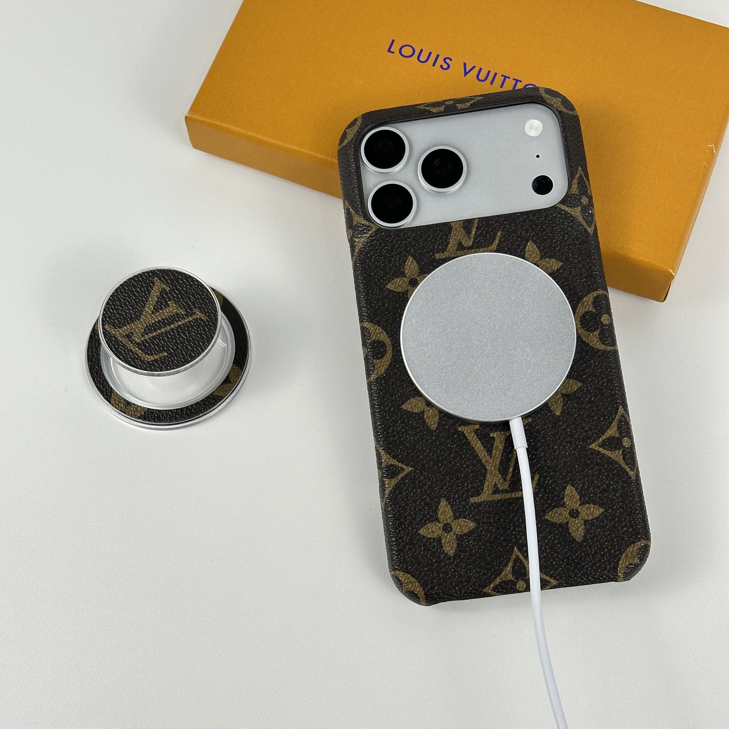 Premium Leather Monogram iPhone Case With Magnetic Stand Big Printing For iPhone 17 Series-GELV080