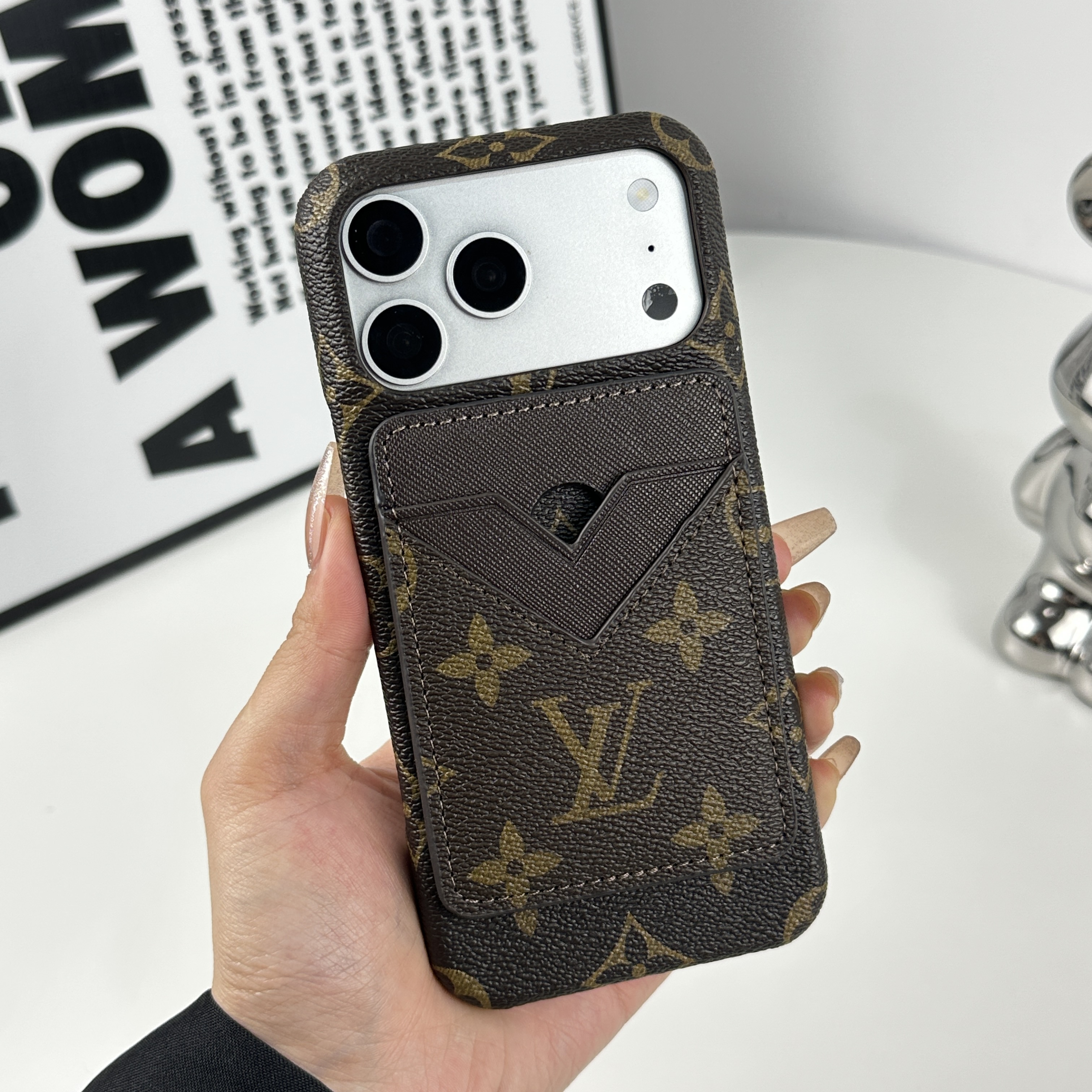 Leather Monogram iPhone Case With Magnetic Card Holder Big Printing For iPhone 17 Series-GELV083