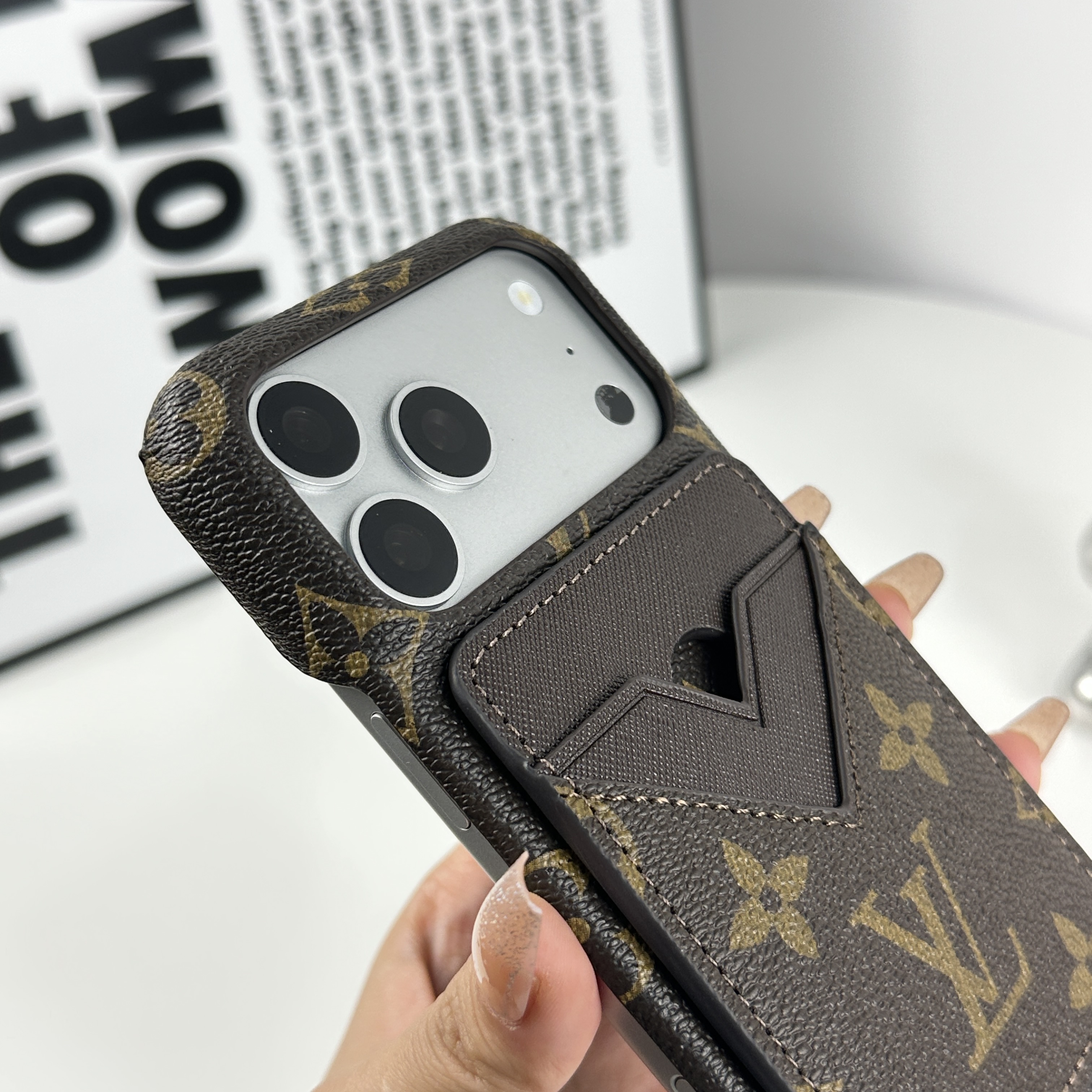 Leather Monogram iPhone Case With Magnetic Card Holder Big Printing For iPhone 17 Series-GELV083