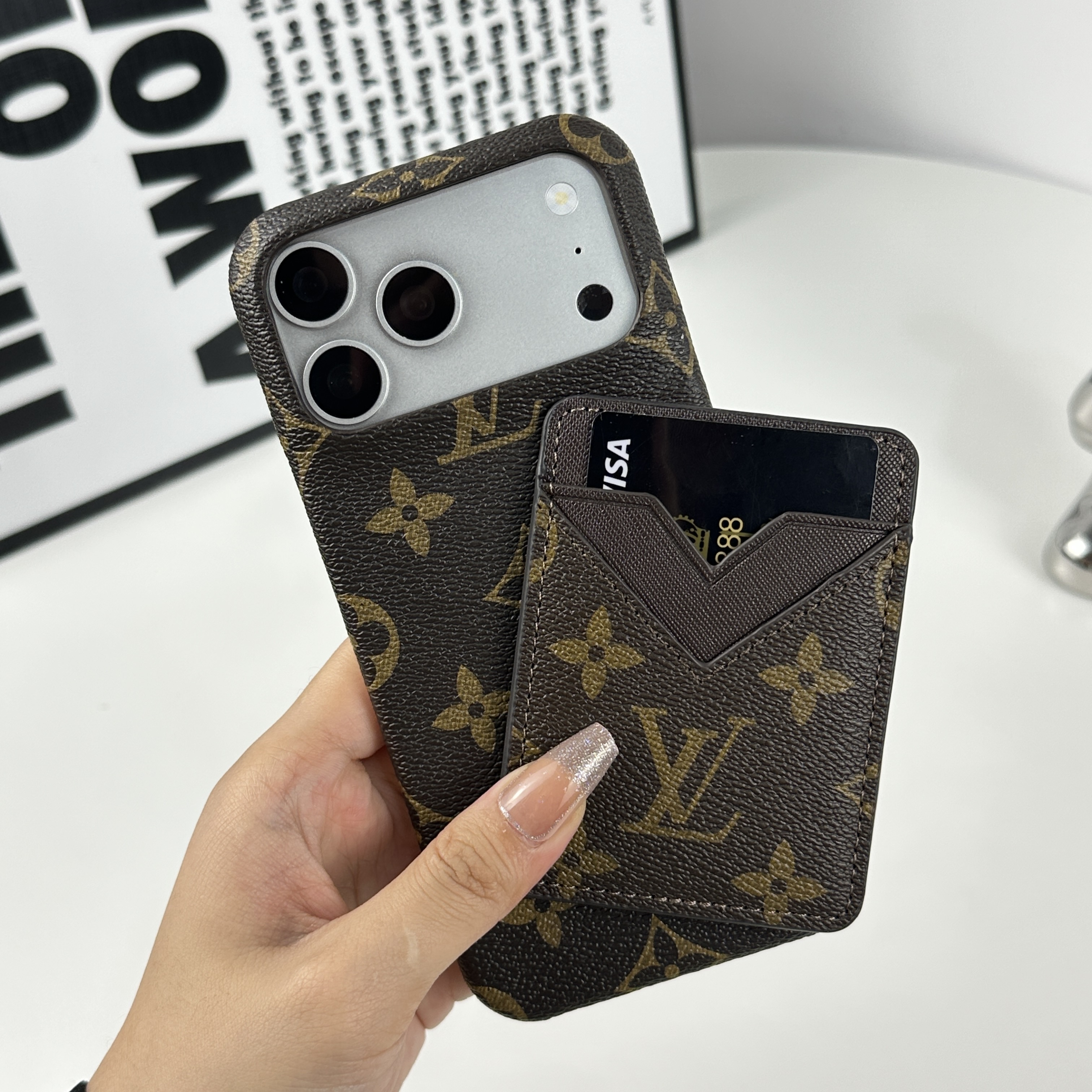Leather Monogram iPhone Case With Magnetic Card Holder Big Printing For iPhone 17 Series-GELV083