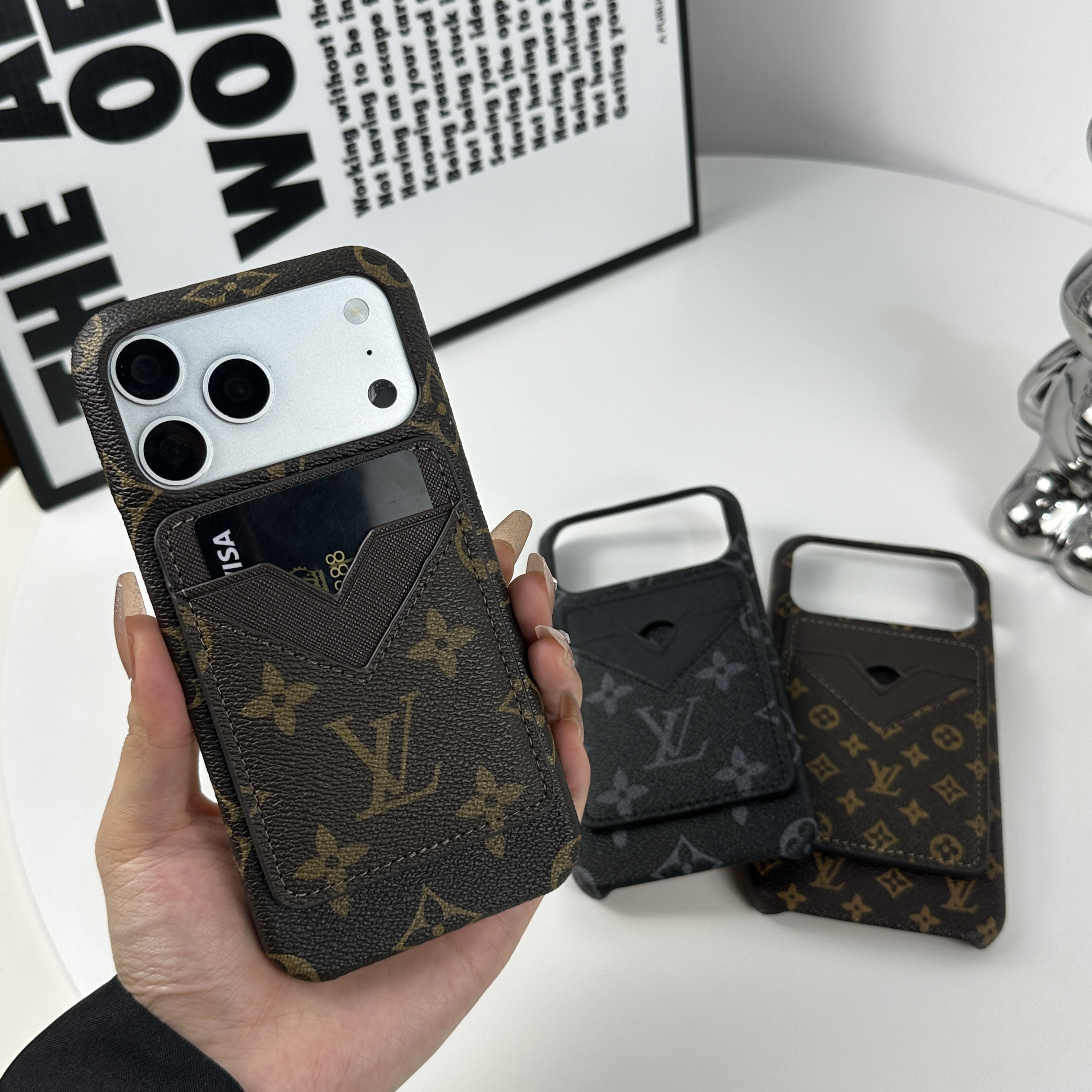 Leather Monogram iPhone Case With Magnetic Card Holder Big Printing For iPhone 17 Series-GELV083