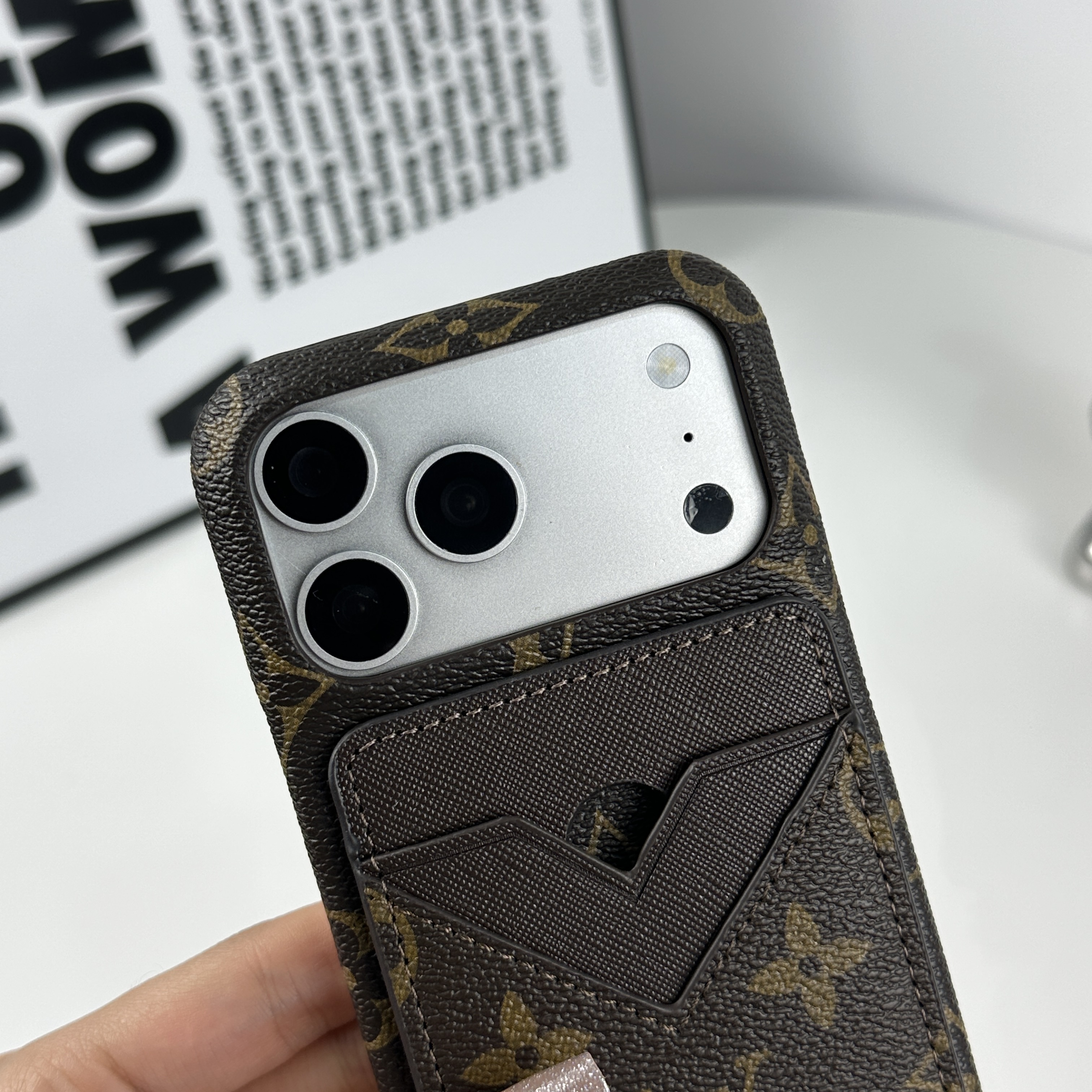 Leather Monogram iPhone Case With Magnetic Card Holder Big Printing For iPhone 17 Series-GELV083