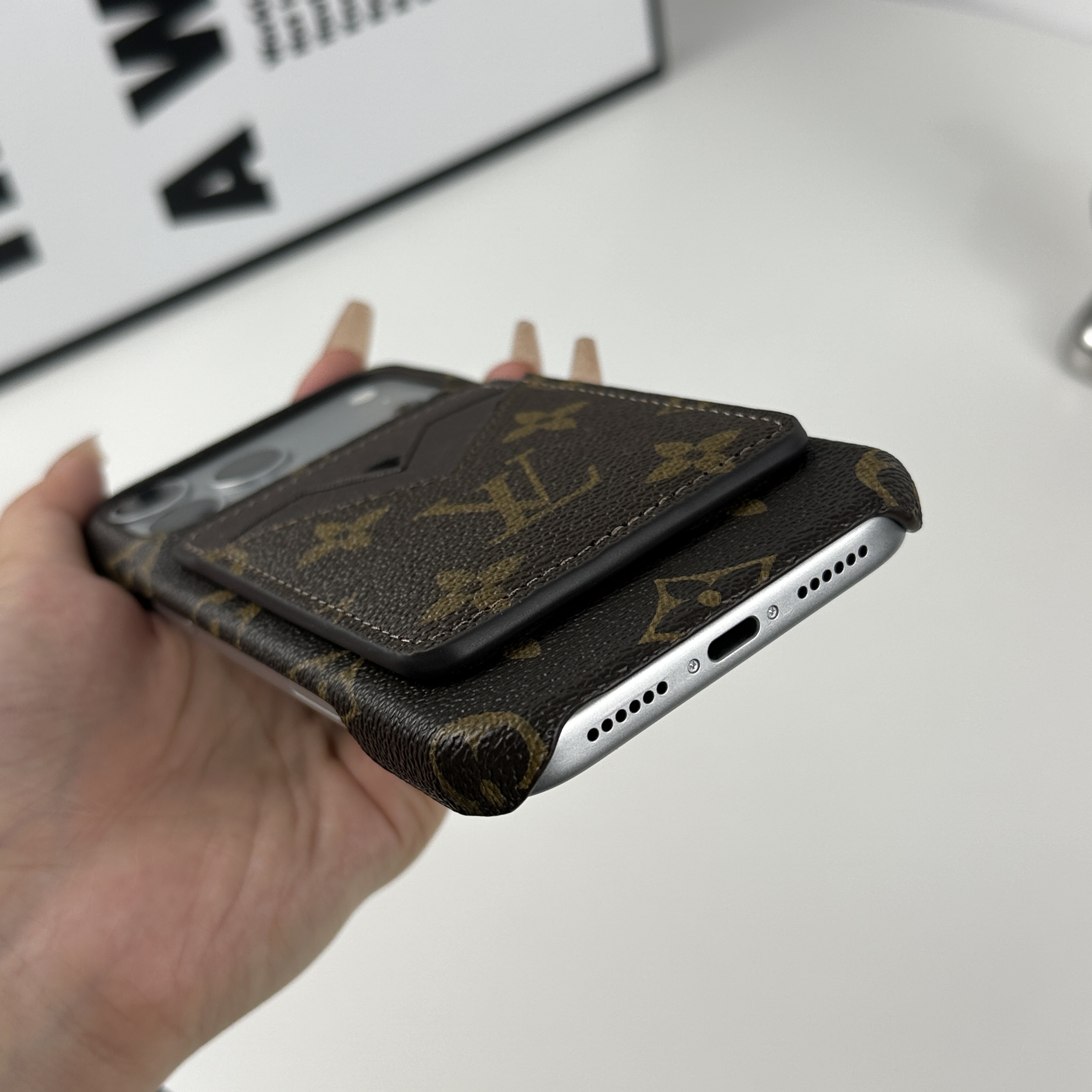 Leather Monogram iPhone Case With Magnetic Card Holder Big Printing For iPhone 17 Series-GELV083