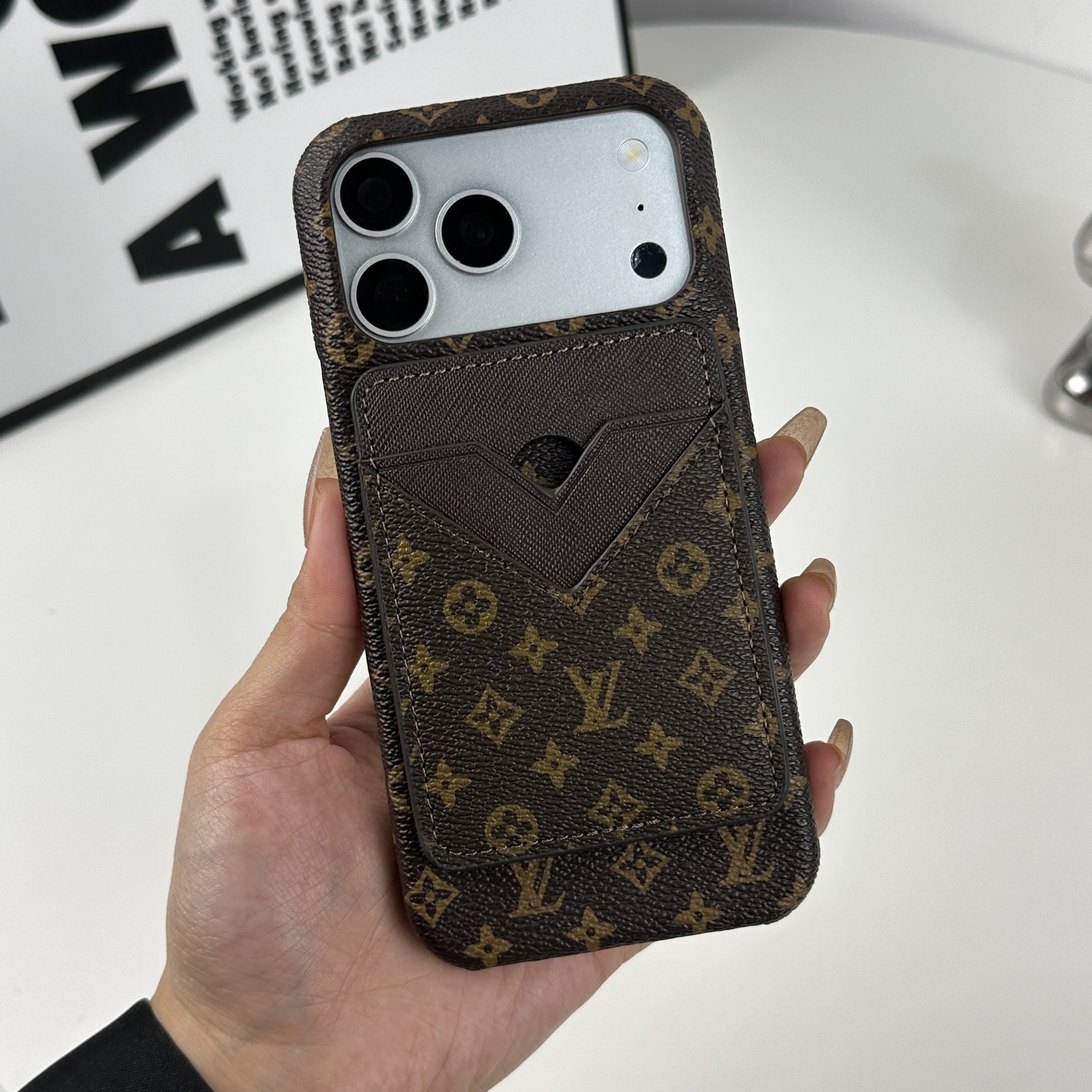 Premium Leather Monogram iPhone Case With Magnetic Card Holder Small Printing For iPhone 17 Series-GELV084