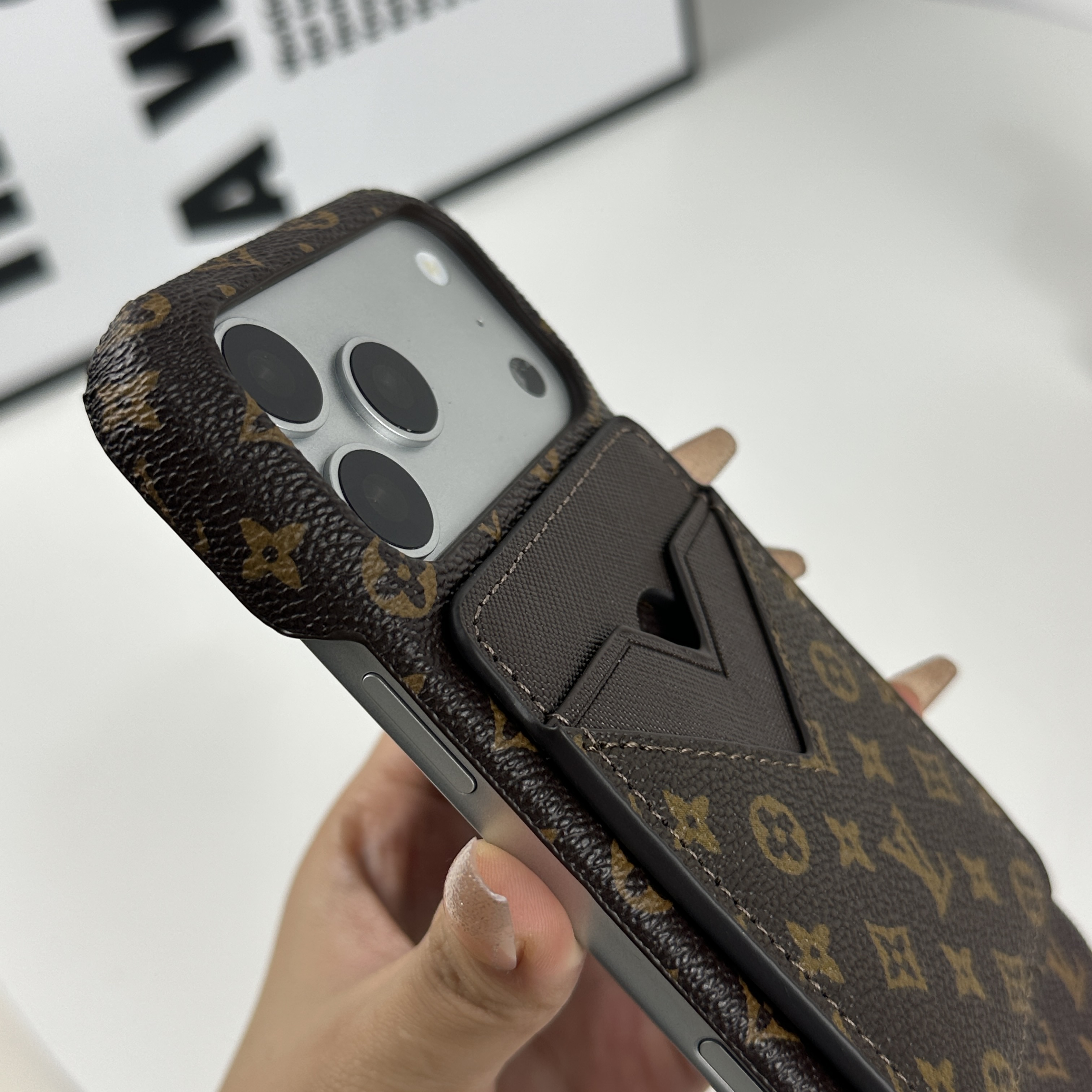Premium Leather Monogram iPhone Case With Magnetic Card Holder Small Printing For iPhone 17 Series-GELV084