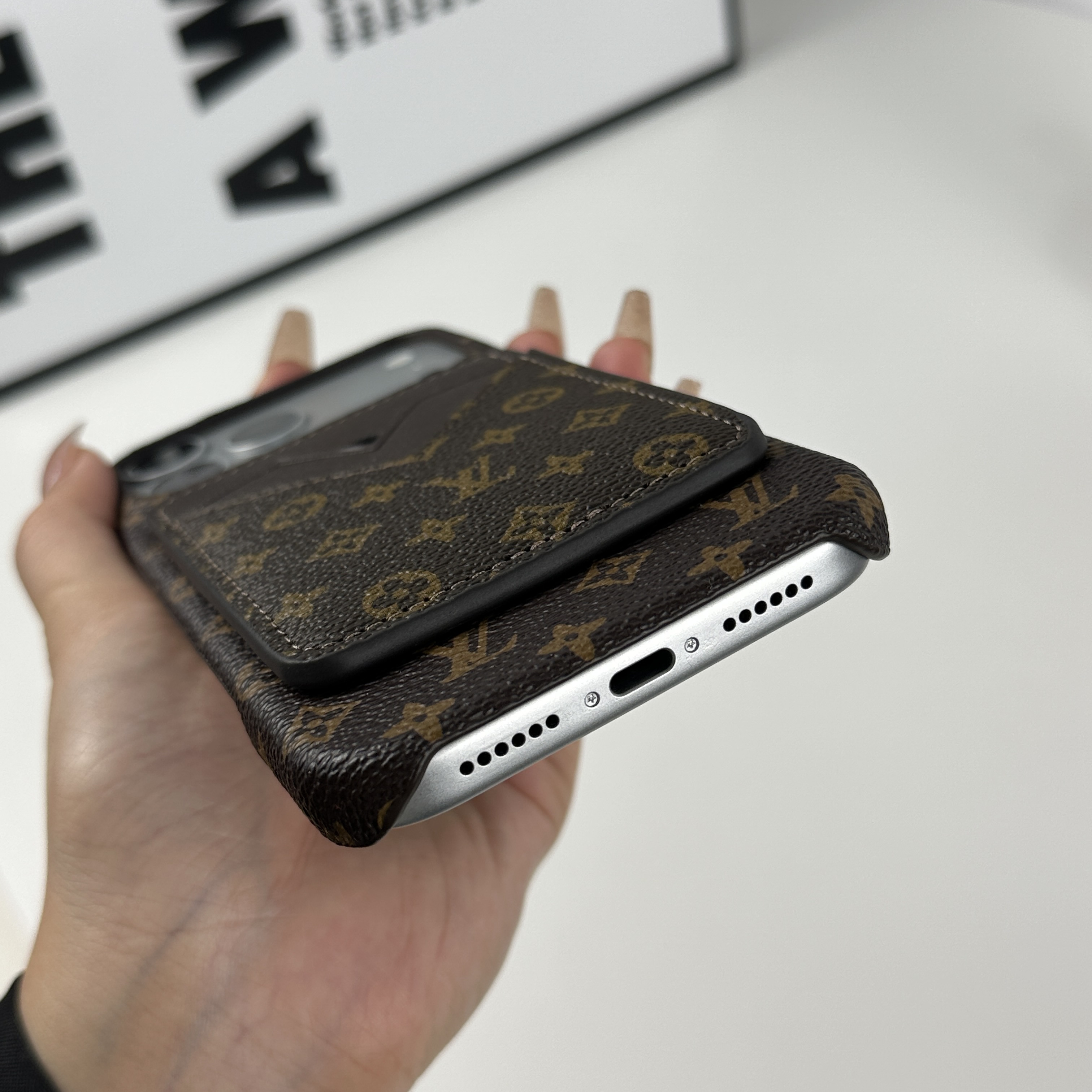 Premium Leather Monogram iPhone Case With Magnetic Card Holder Small Printing For iPhone 17 Series-GELV084