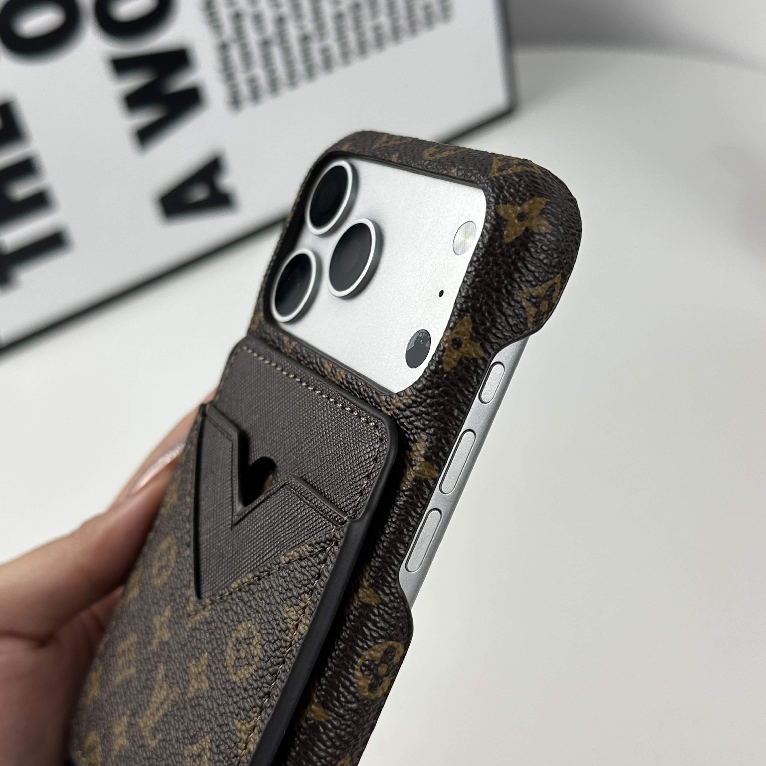 Premium Leather Monogram iPhone Case With Magnetic Card Holder Small Printing For iPhone 17 Series-GELV084