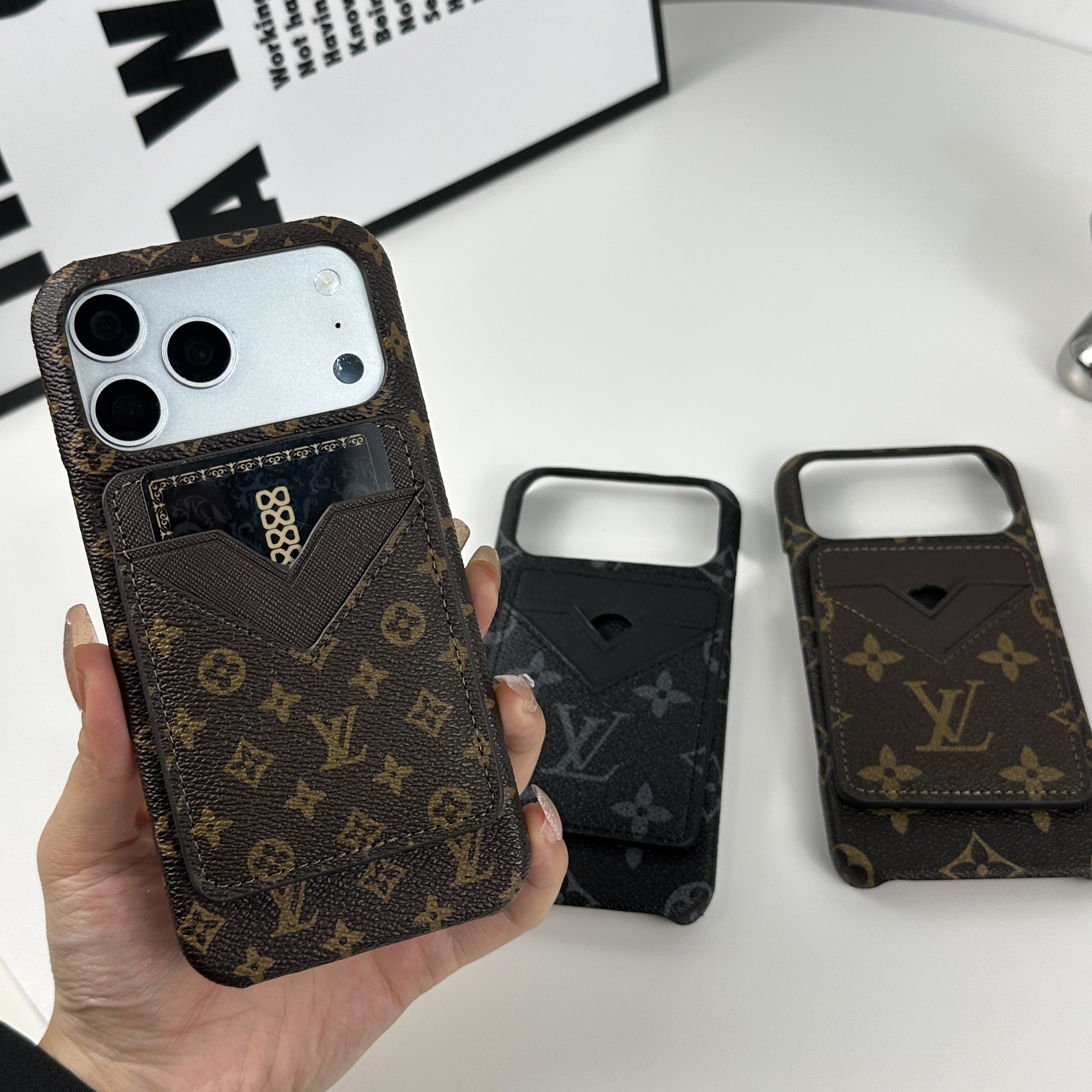 Premium Leather Monogram iPhone Case With Magnetic Card Holder Small Printing For iPhone 17 Series-GELV084