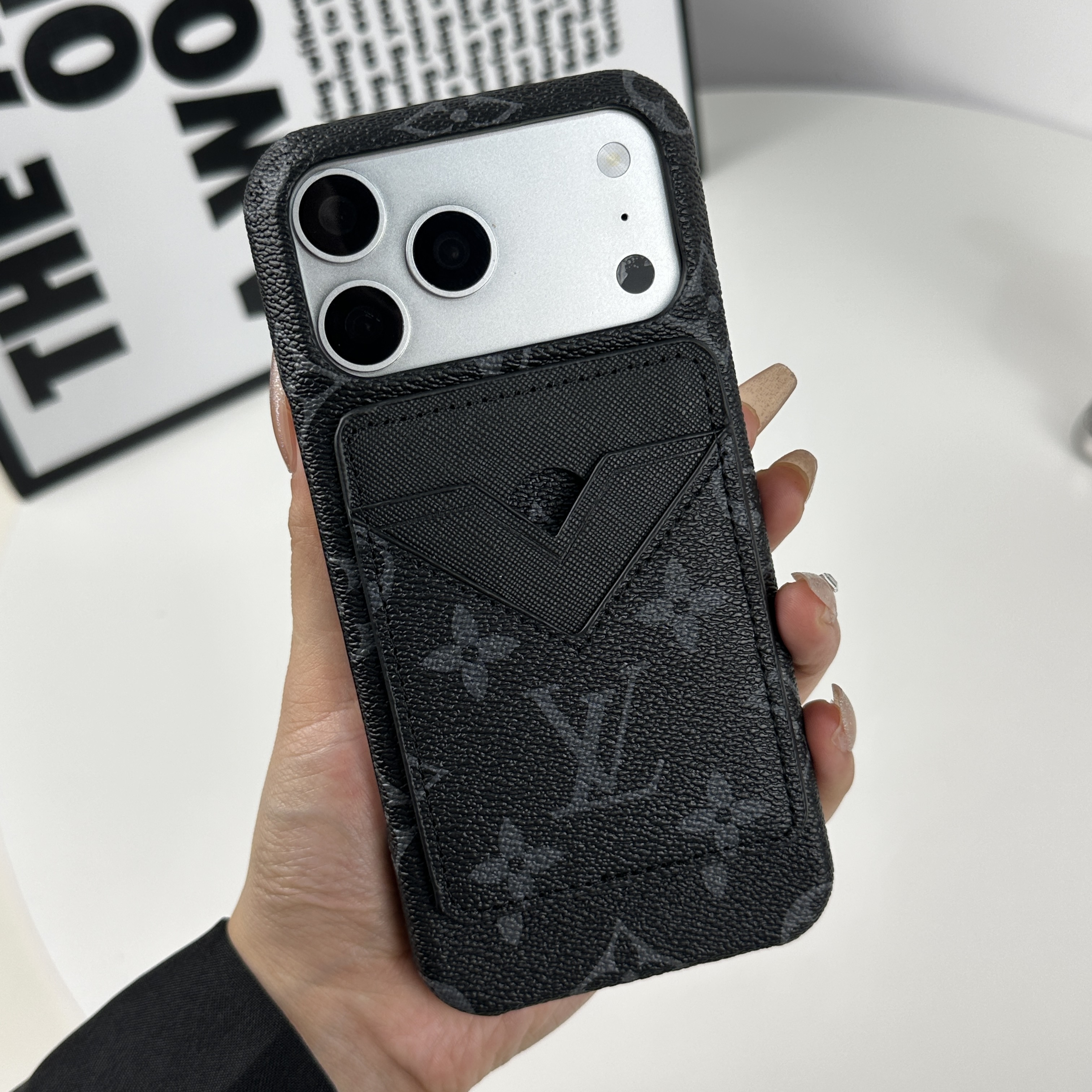 Elegant Leather Monogram iPhone Case With Magnetic Card Holder Black Printing For iPhone 17 Series-GELV085