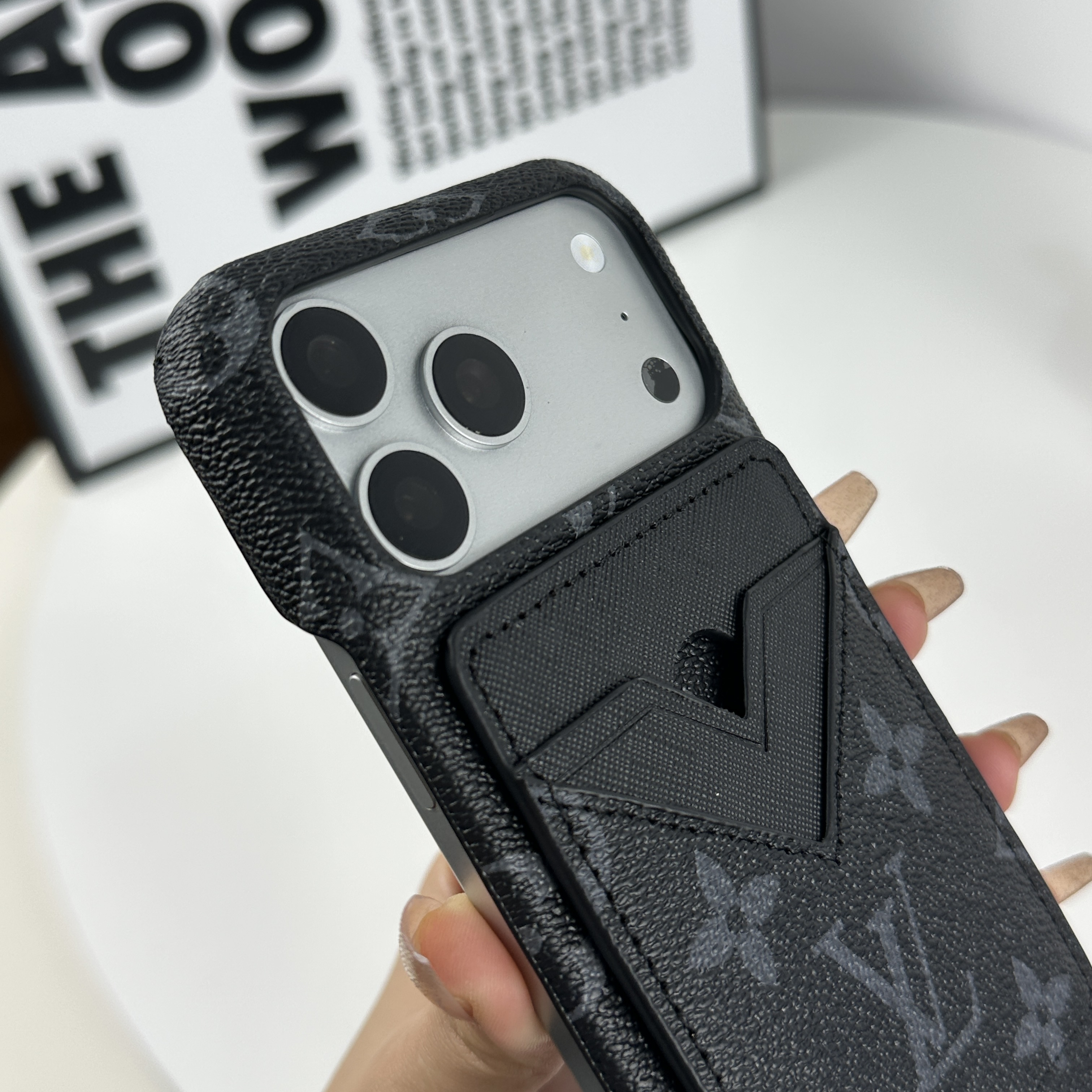 Elegant Leather Monogram iPhone Case With Magnetic Card Holder Black Printing For iPhone 17 Series-GELV085