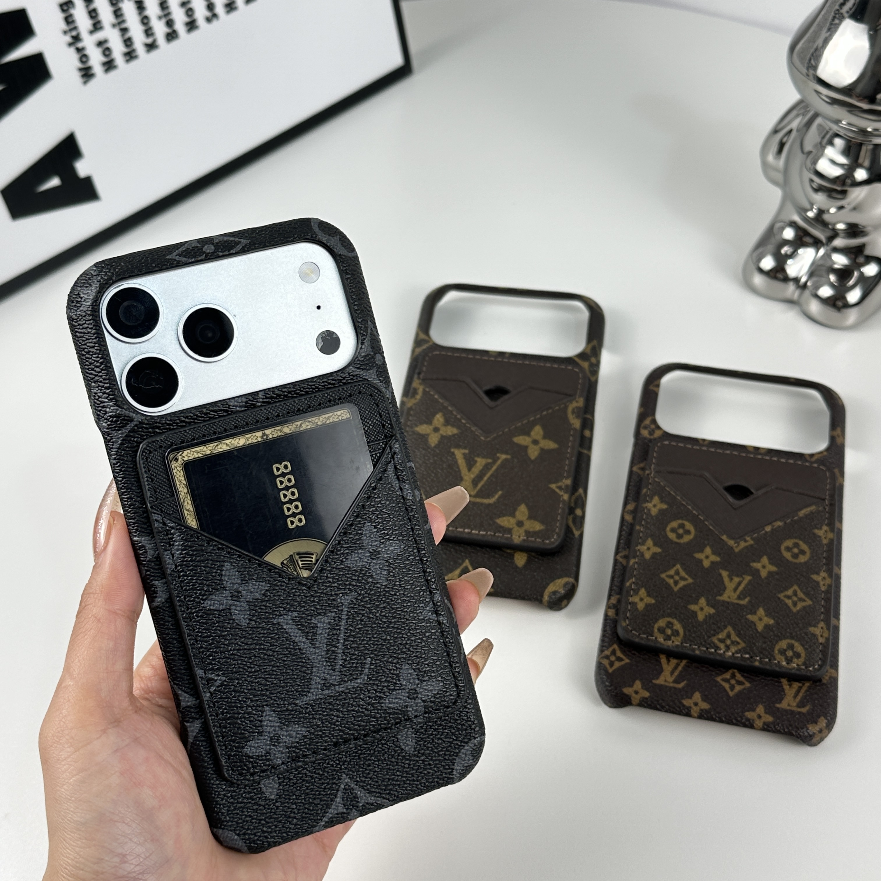 Elegant Leather Monogram iPhone Case With Magnetic Card Holder Black Printing For iPhone 17 Series-GELV085