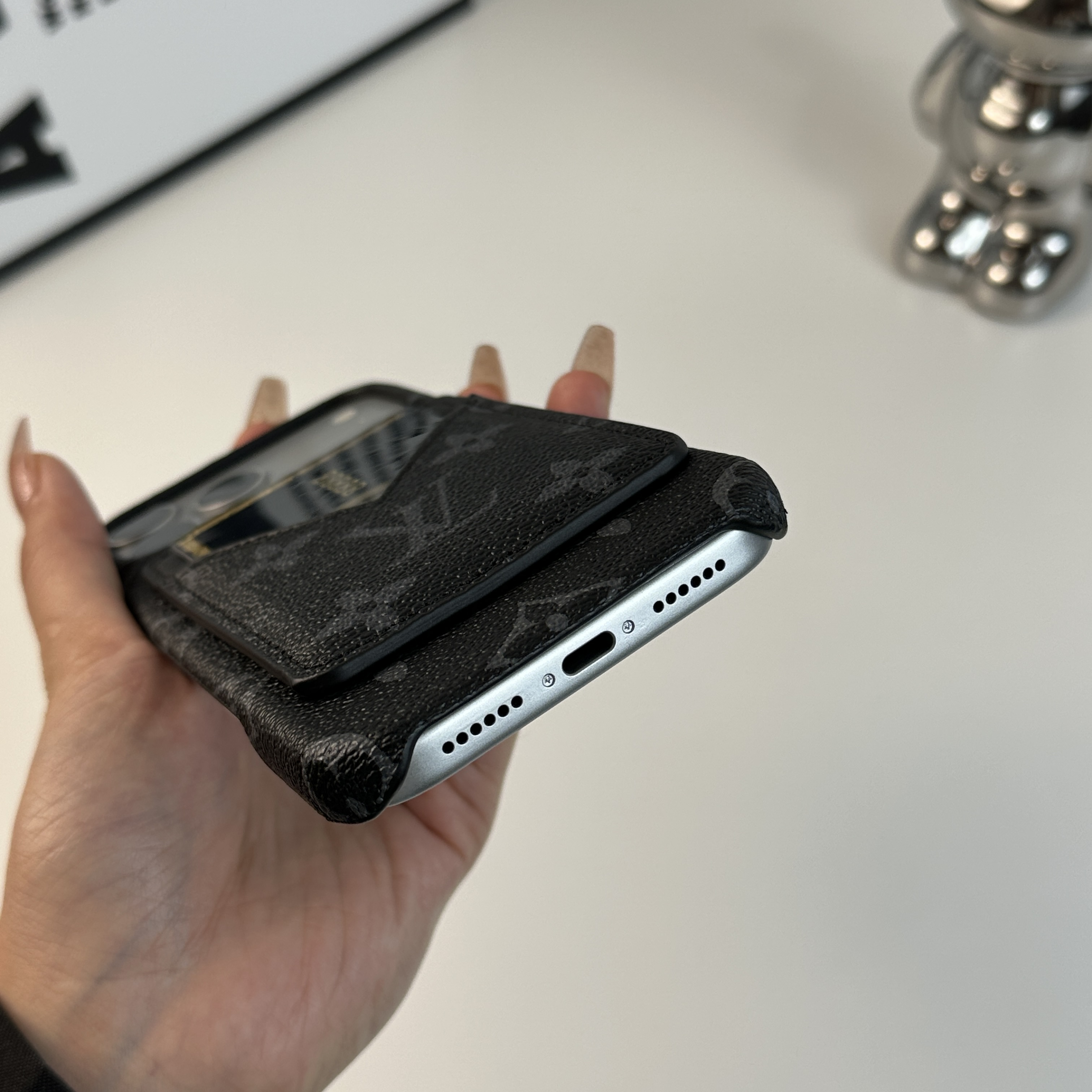 Elegant Leather Monogram iPhone Case With Magnetic Card Holder Black Printing For iPhone 17 Series-GELV085