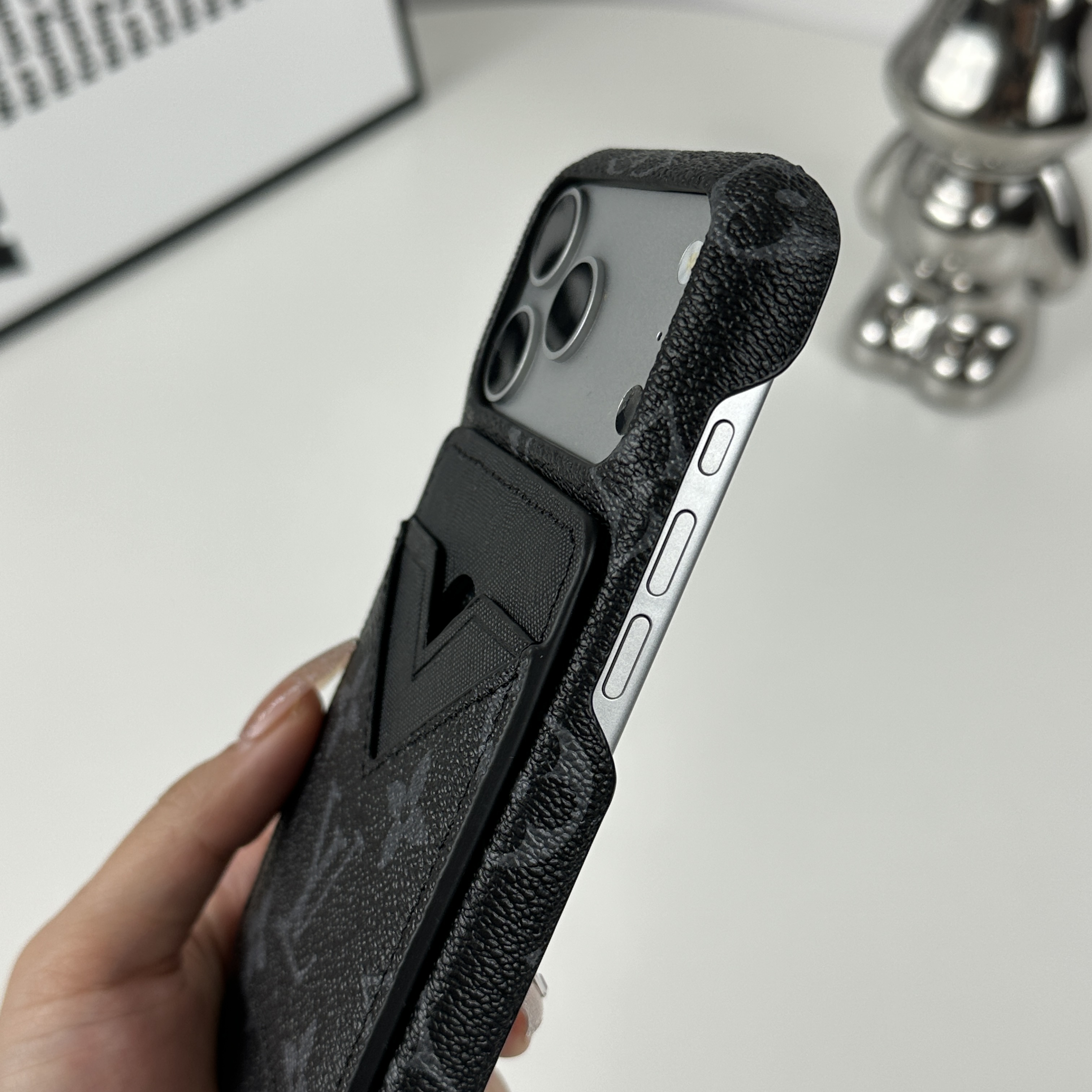 Elegant Leather Monogram iPhone Case With Magnetic Card Holder Black Printing For iPhone 17 Series-GELV085