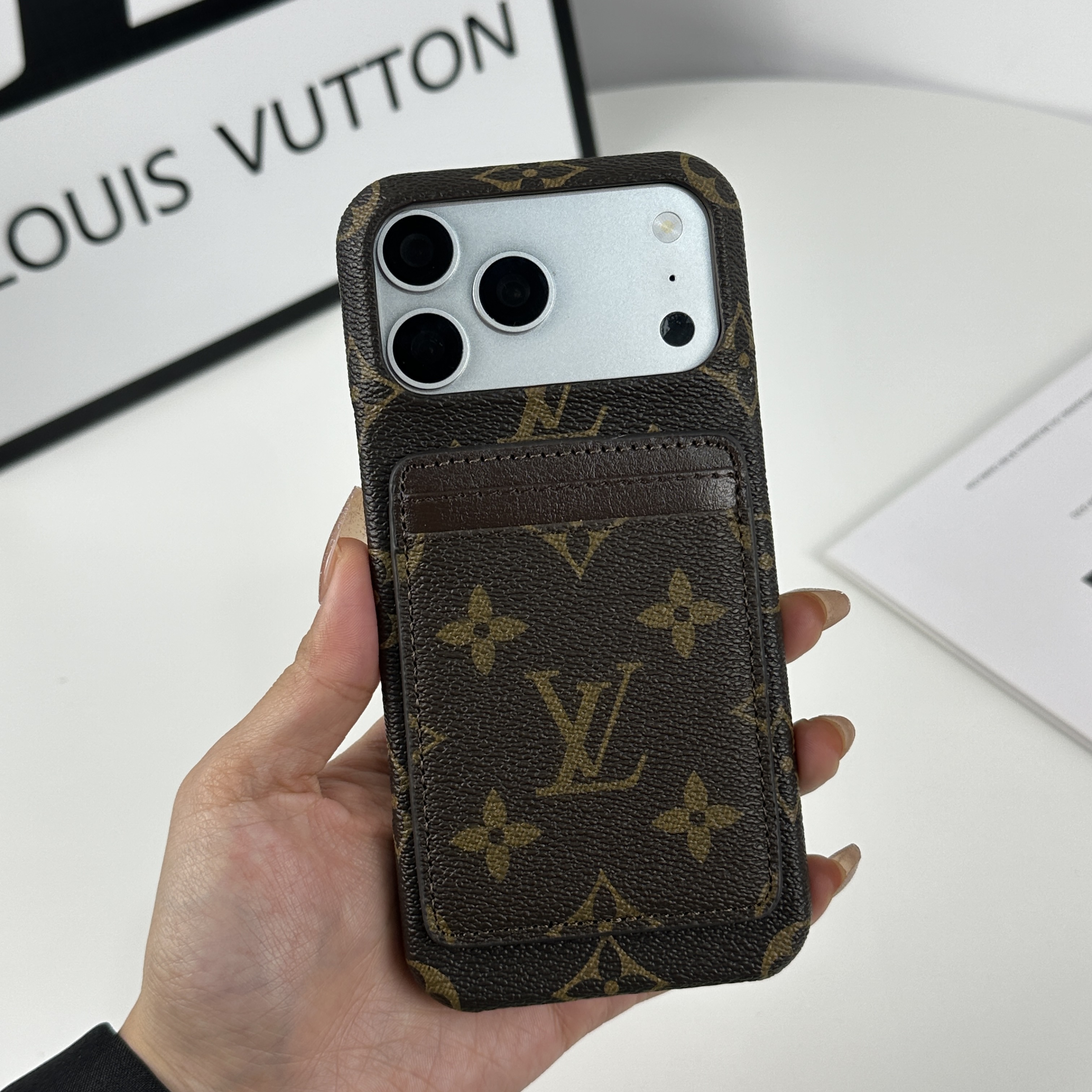 Stylish Leather Monogram iPhone Case With Magnetic Card Holder Big Printing For iPhone 17 Series-GELV086