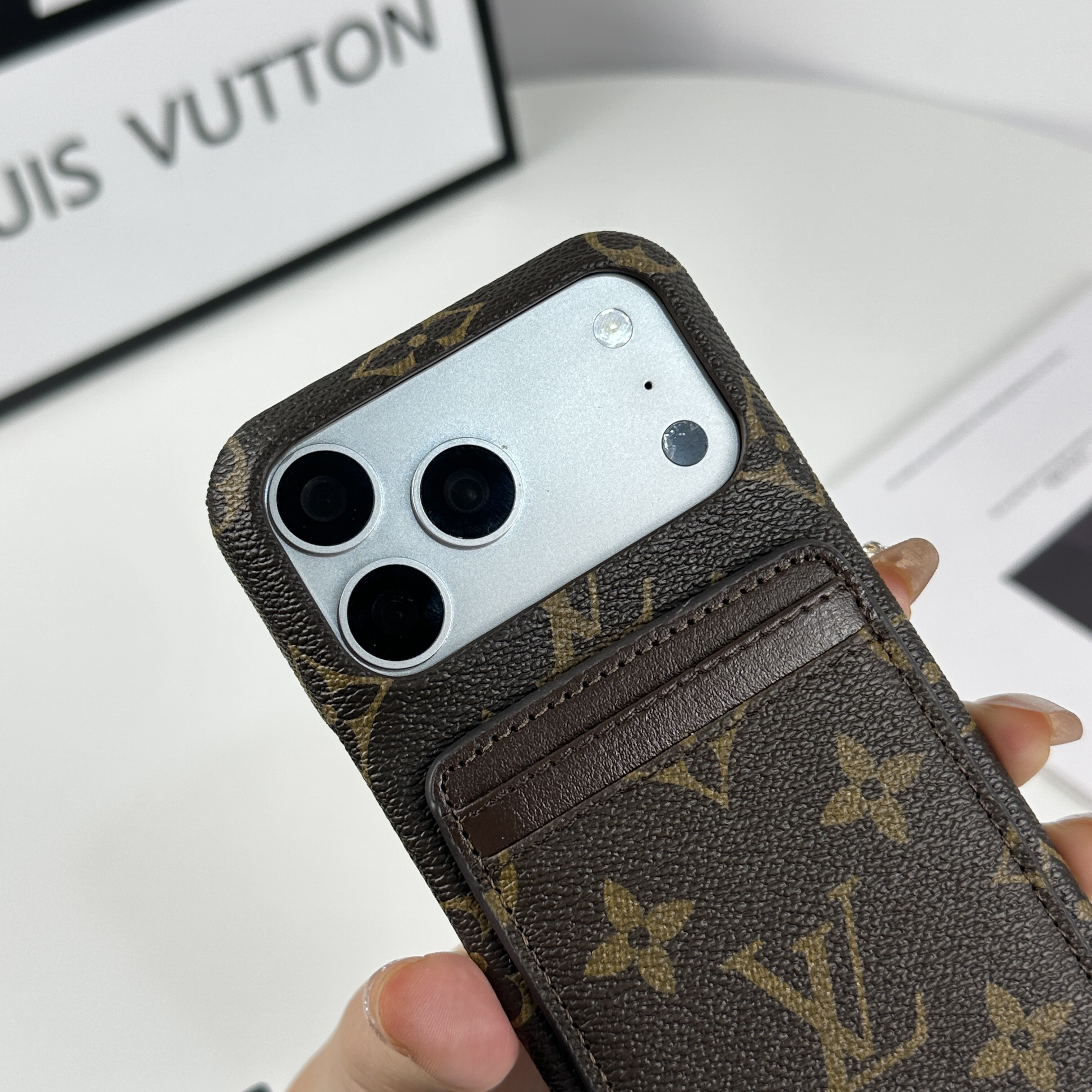 Stylish Leather Monogram iPhone Case With Magnetic Card Holder Big Printing For iPhone 17 Series-GELV086