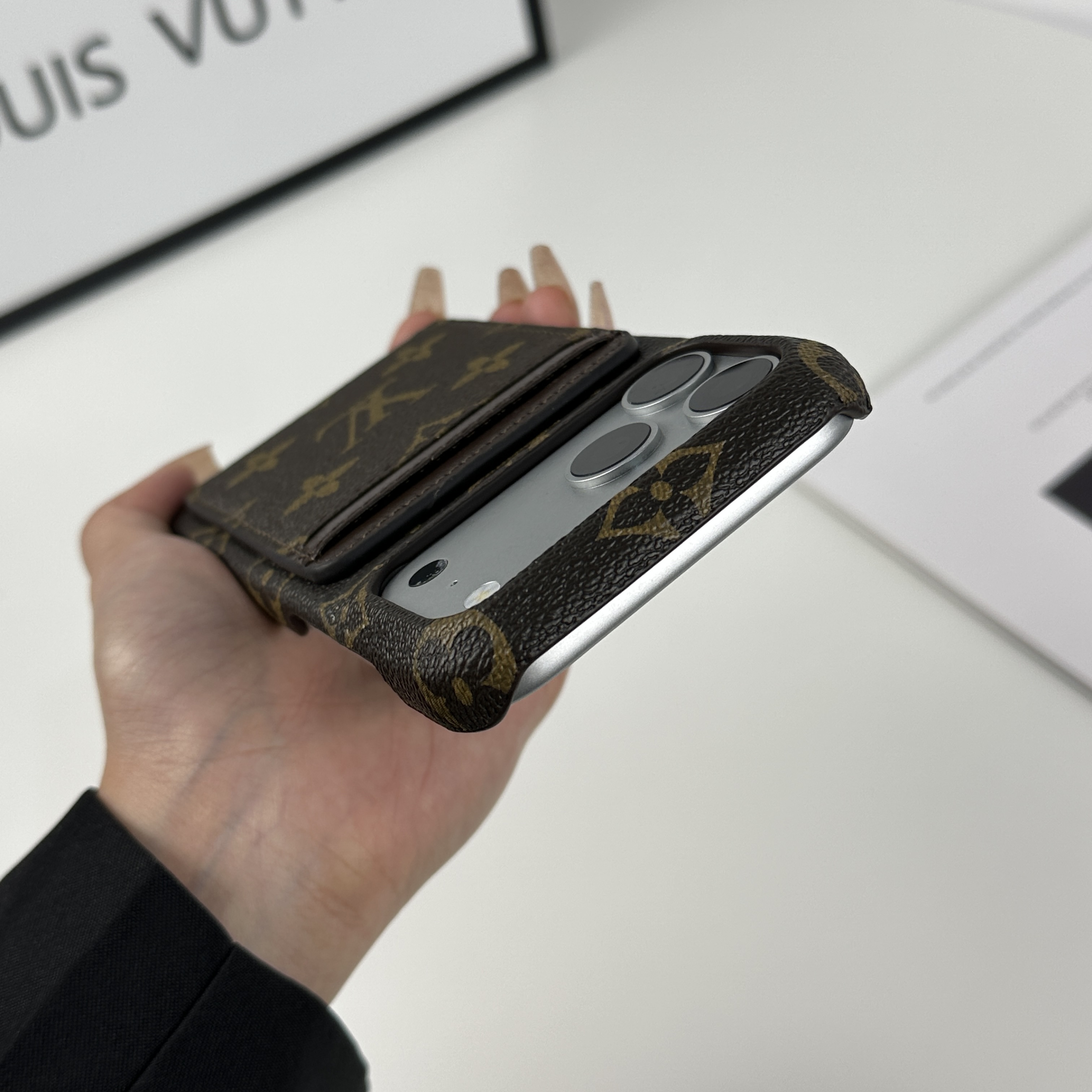 Stylish Leather Monogram iPhone Case With Magnetic Card Holder Big Printing For iPhone 17 Series-GELV086