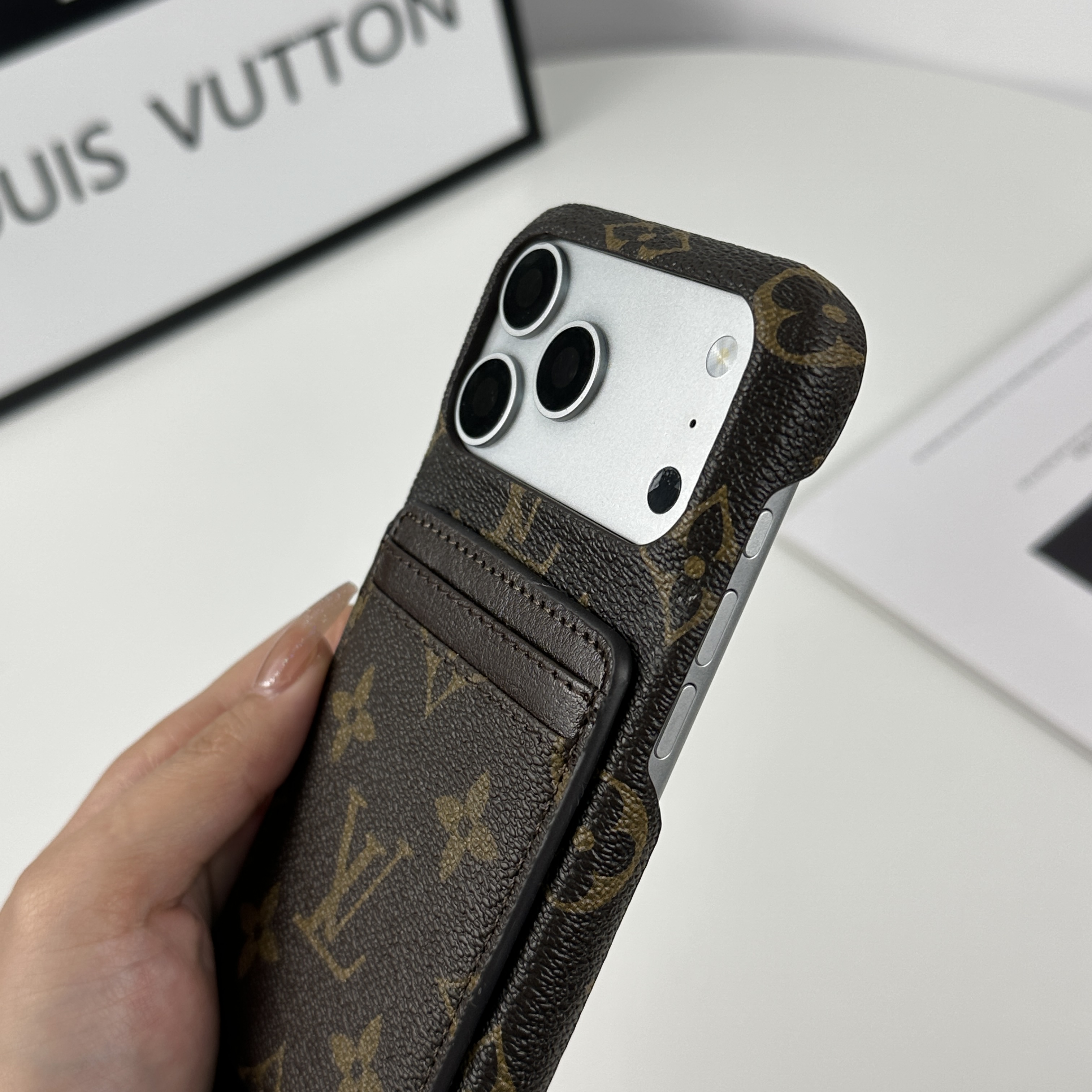 Stylish Leather Monogram iPhone Case With Magnetic Card Holder Big Printing For iPhone 17 Series-GELV086