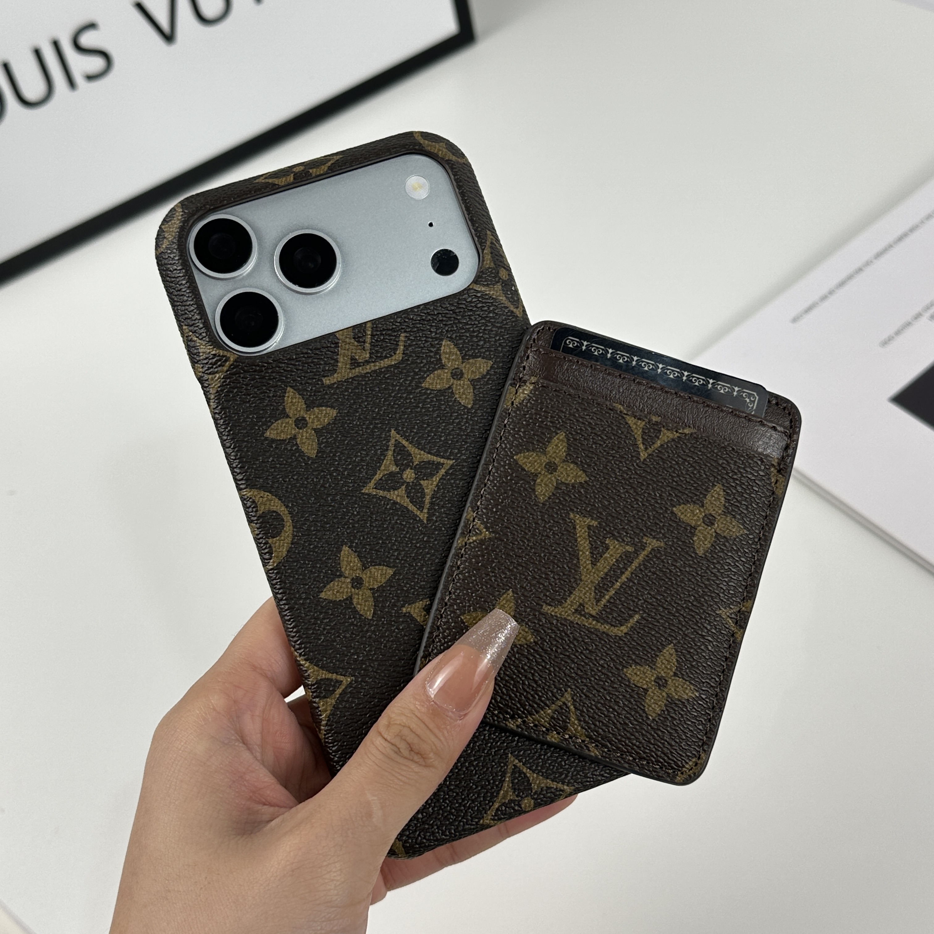 Stylish Leather Monogram iPhone Case With Magnetic Card Holder Big Printing For iPhone 17 Series-GELV086