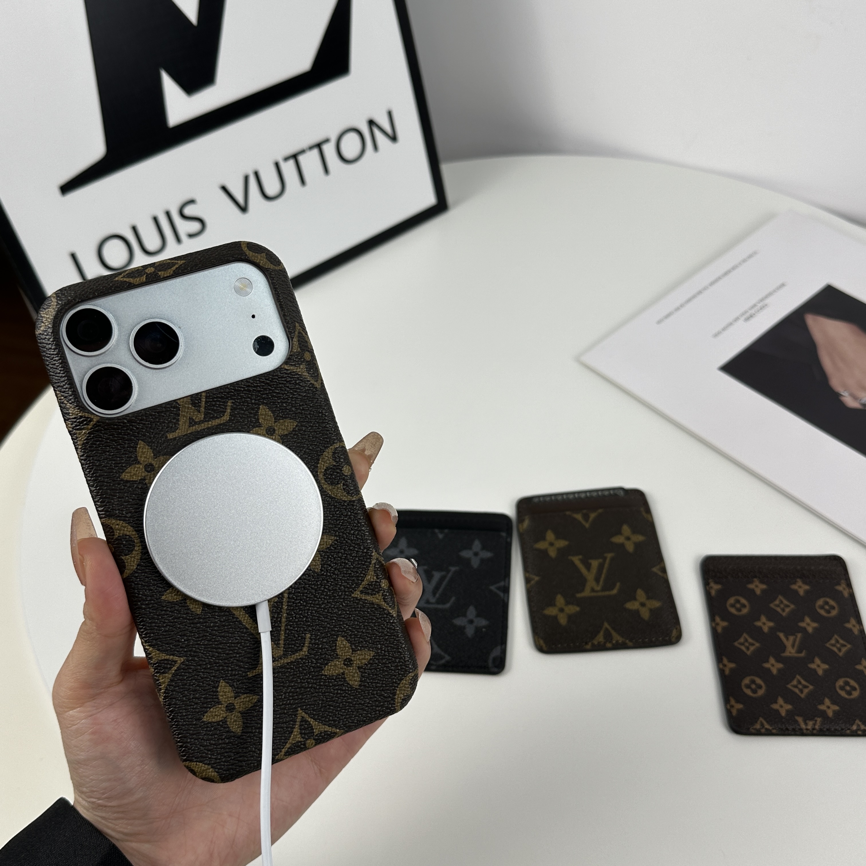 Stylish Leather Monogram iPhone Case With Magnetic Card Holder Big Printing For iPhone 17 Series-GELV086