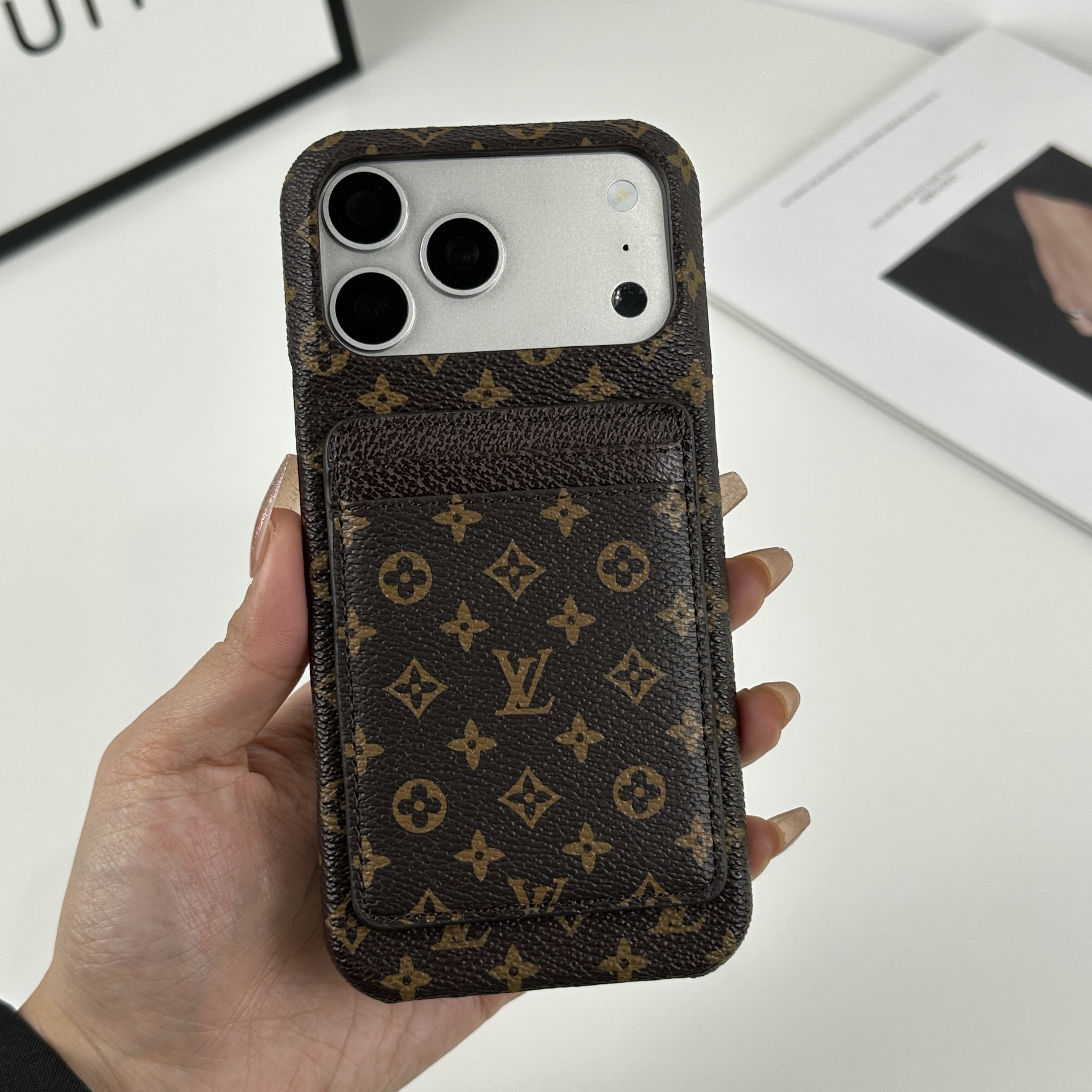 Luxury Leather Monogram iPhone Case With Magnetic Card Holder Small Printing For iPhone 17 Series-GELV087