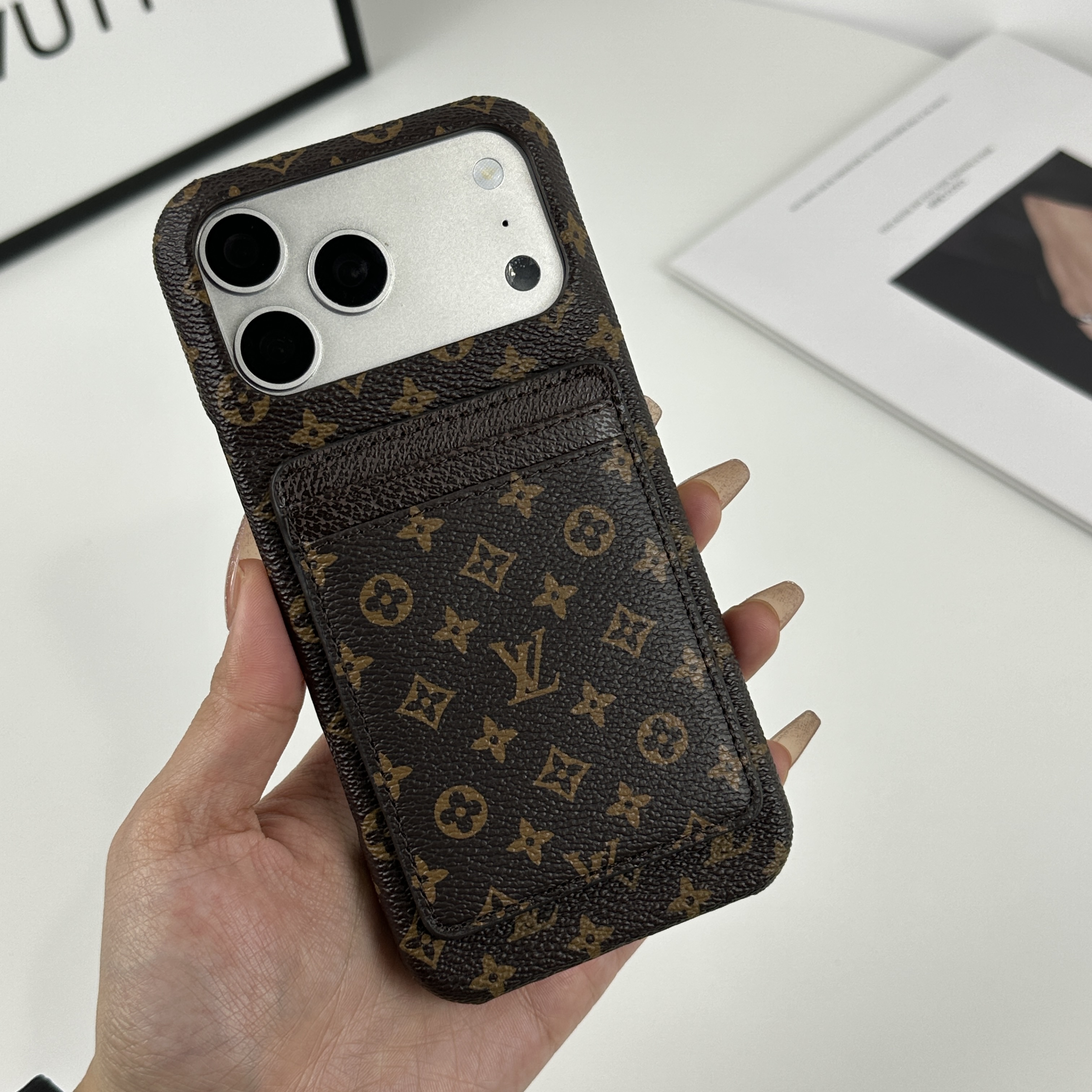 Luxury Leather Monogram iPhone Case With Magnetic Card Holder Small Printing For iPhone 17 Series-GELV087