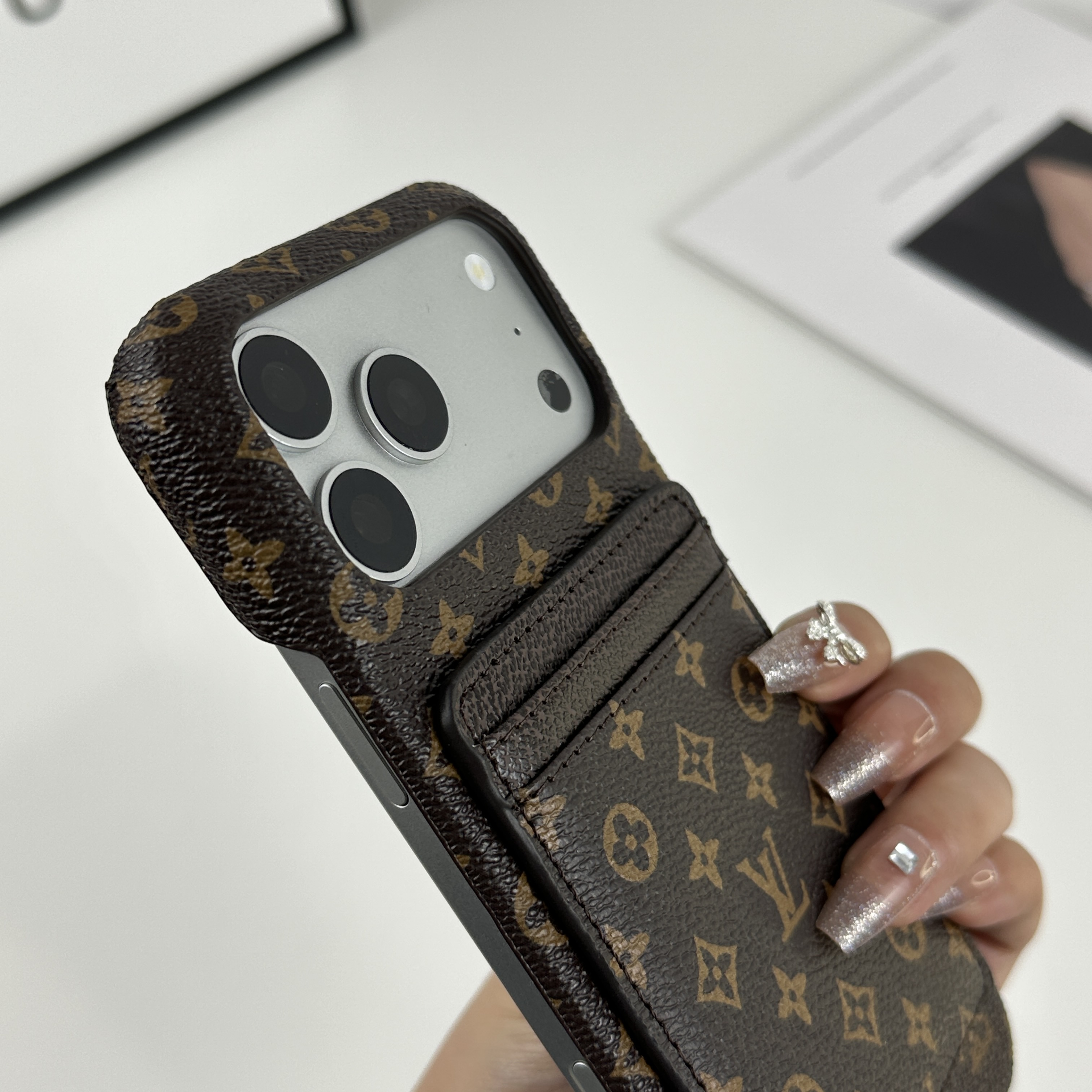 Luxury Leather Monogram iPhone Case With Magnetic Card Holder Small Printing For iPhone 17 Series-GELV087