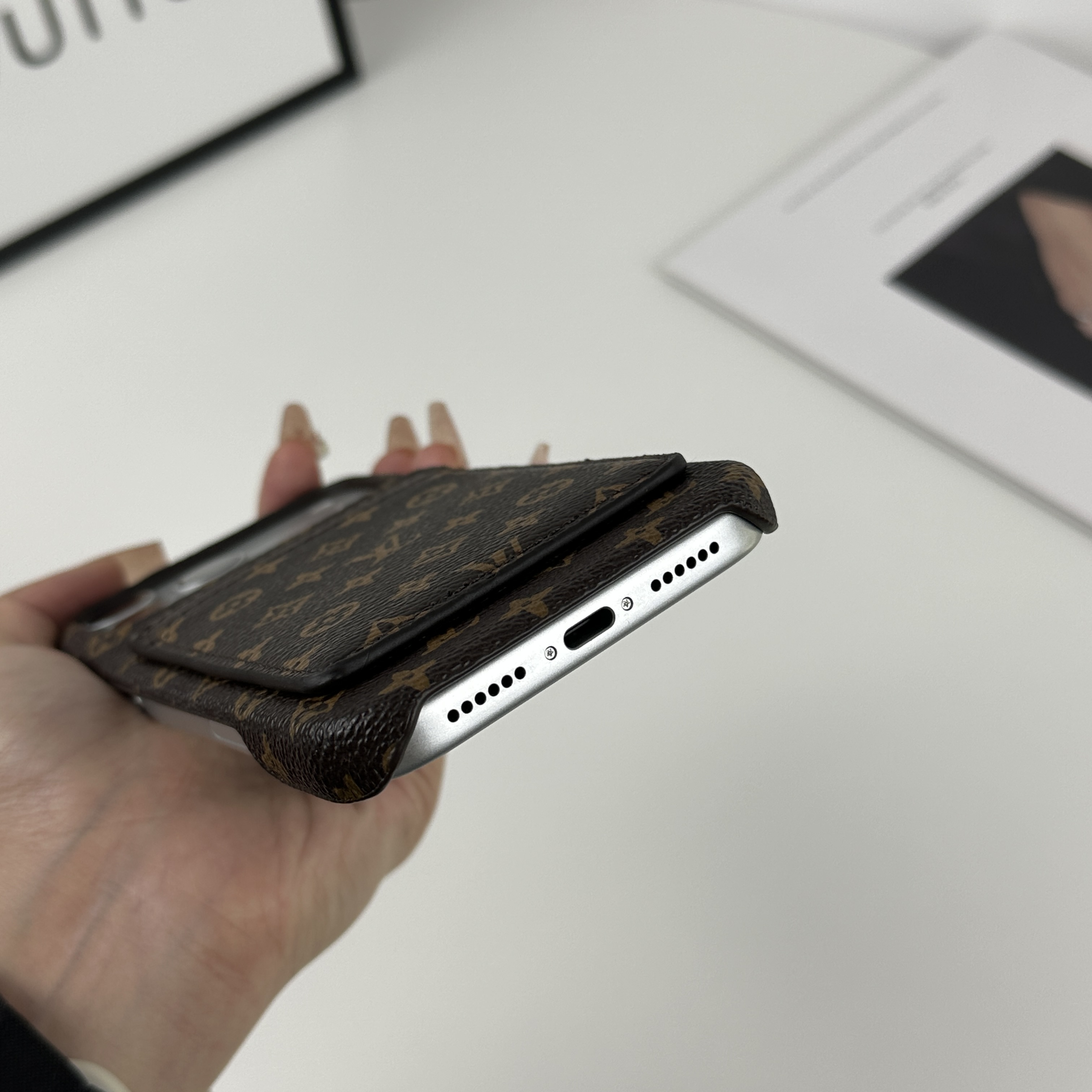 Luxury Leather Monogram iPhone Case With Magnetic Card Holder Small Printing For iPhone 17 Series-GELV087