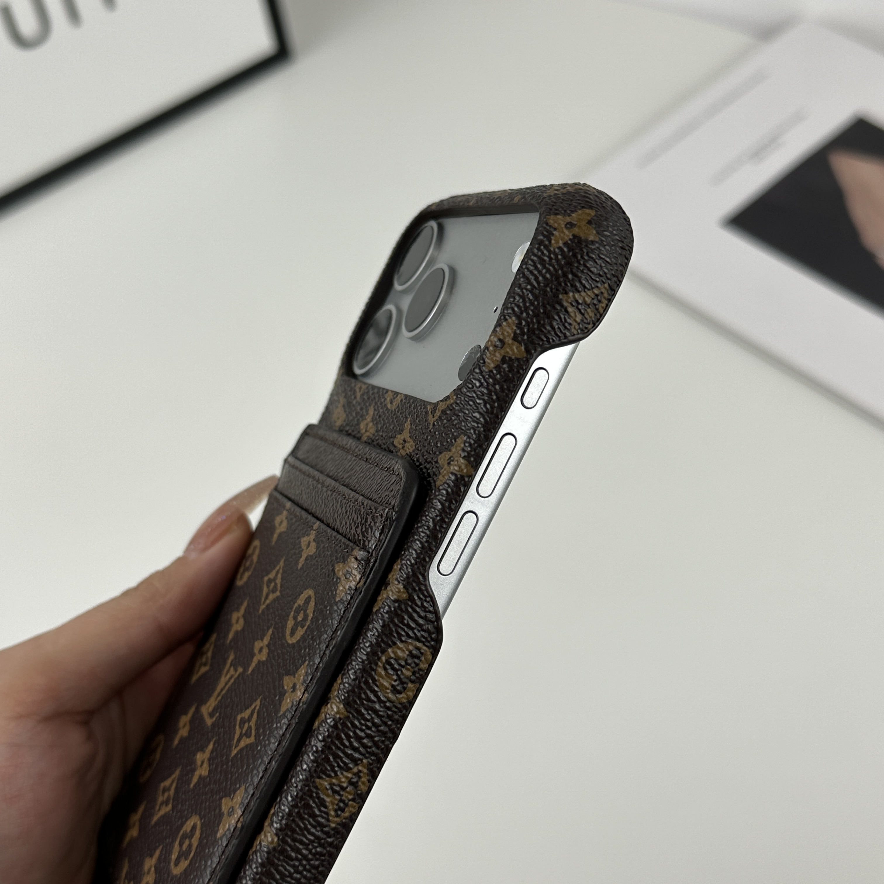 Luxury Leather Monogram iPhone Case With Magnetic Card Holder Small Printing For iPhone 17 Series-GELV087