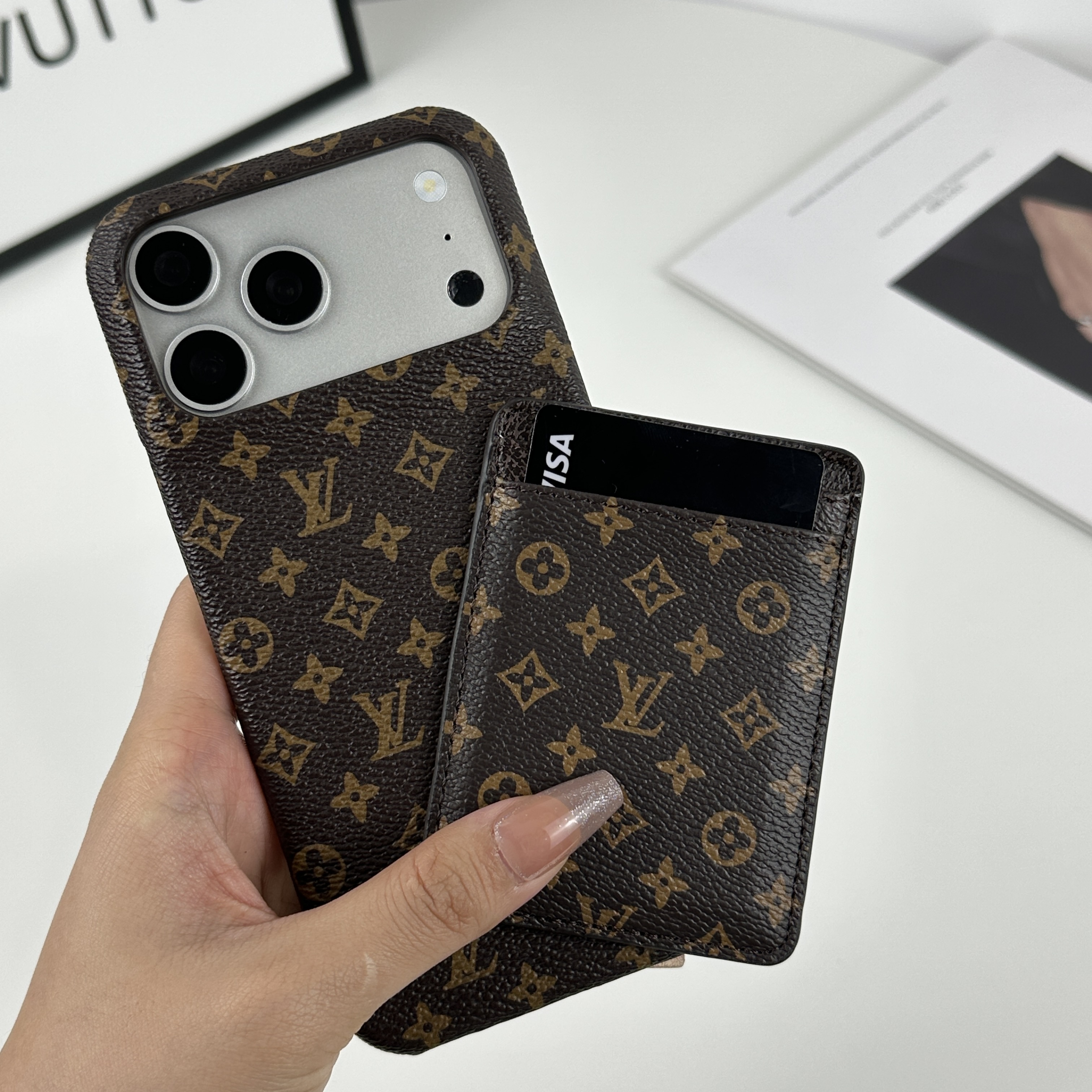 Luxury Leather Monogram iPhone Case With Magnetic Card Holder Small Printing For iPhone 17 Series-GELV087