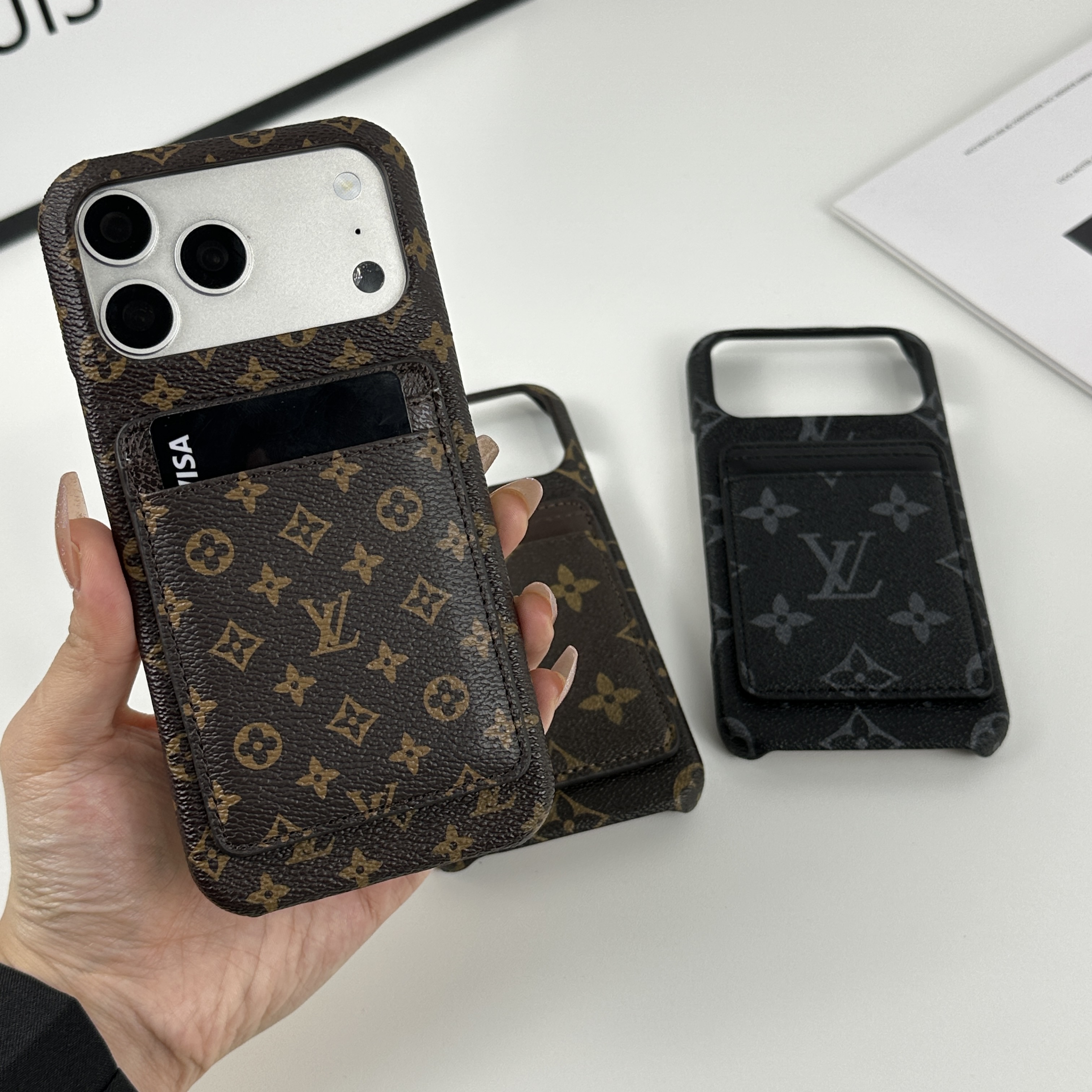 Luxury Leather Monogram iPhone Case With Magnetic Card Holder Small Printing For iPhone 17 Series-GELV087