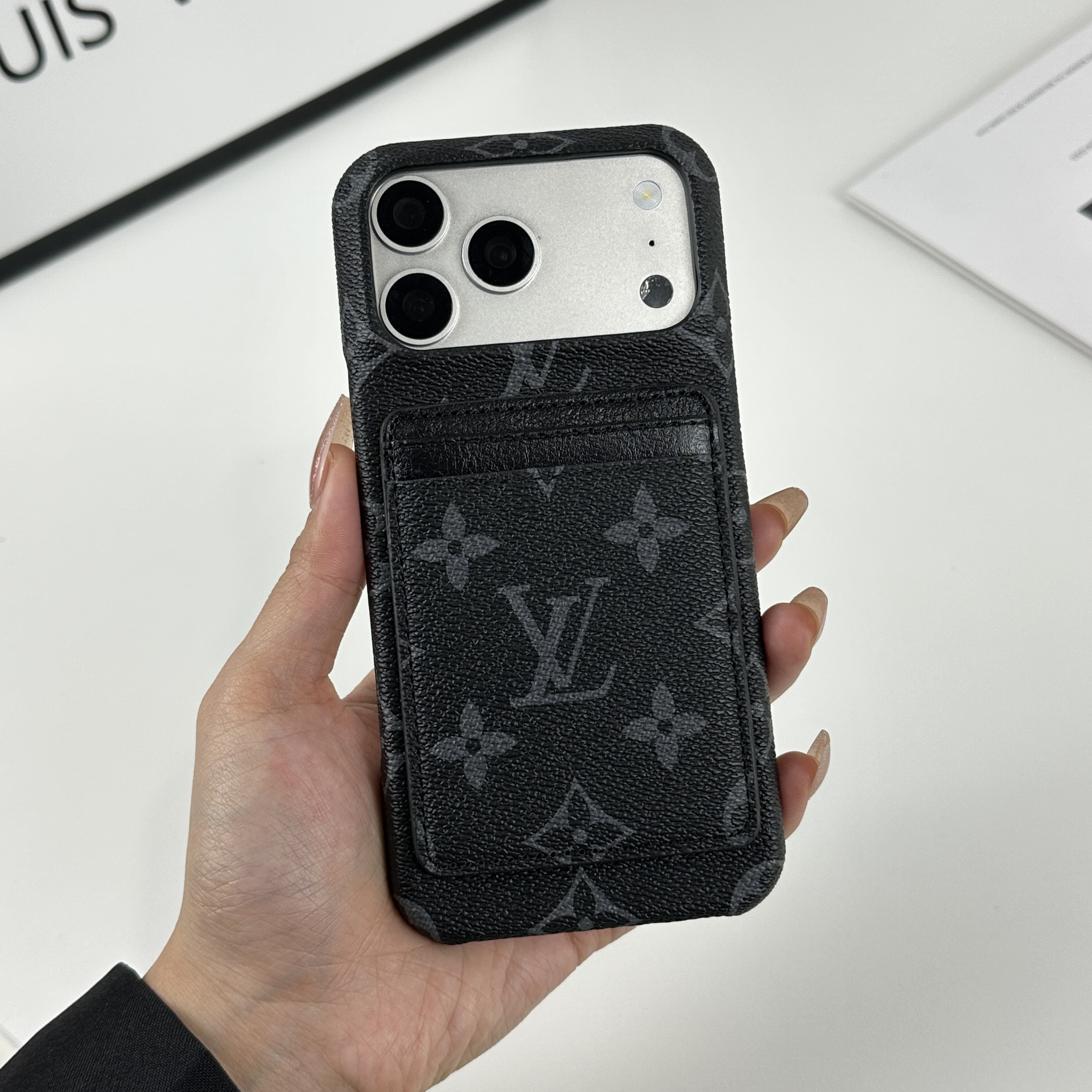 Classic Leather Monogram iPhone Case With Magnetic Card Holder Black Printing For iPhone 17 Series-GELV088