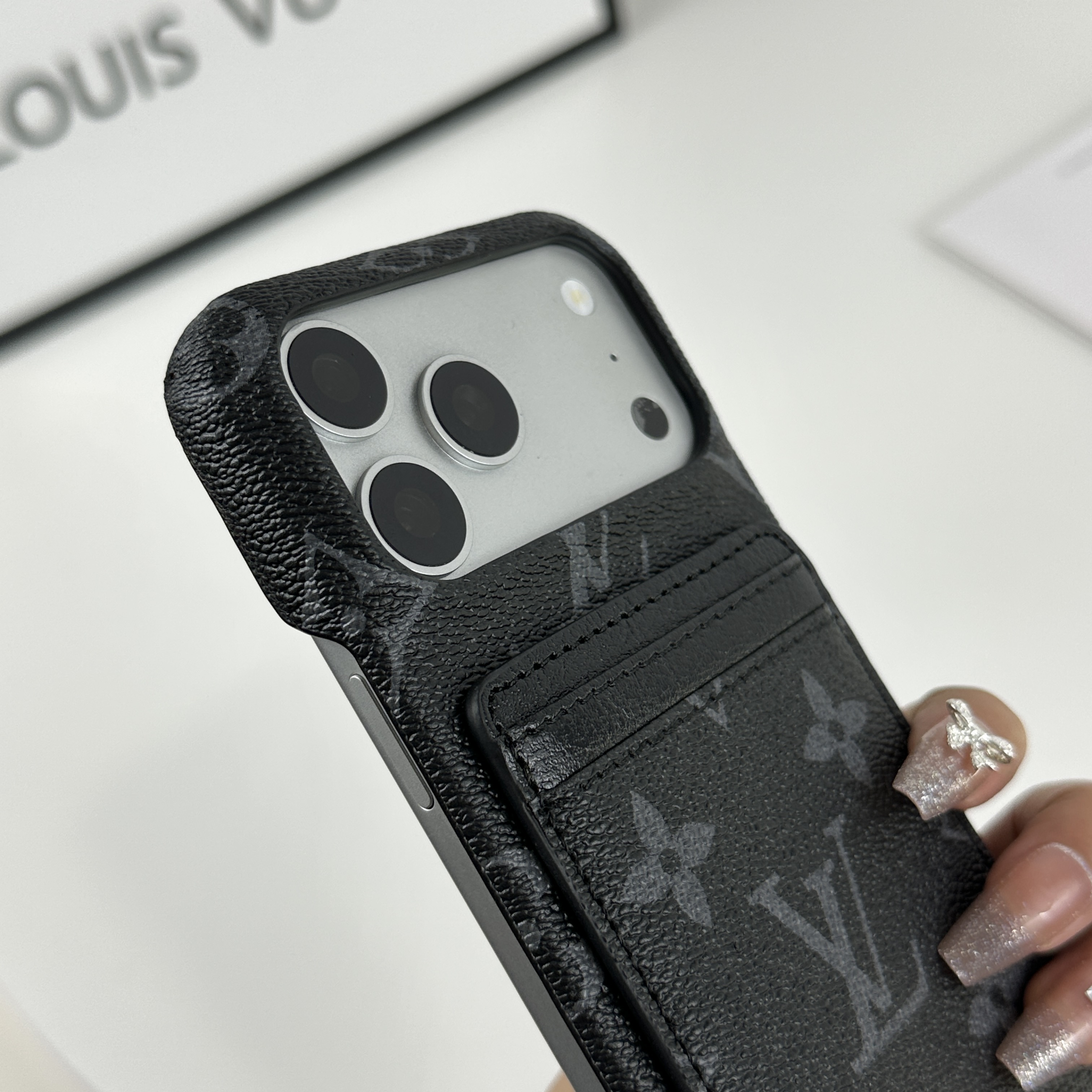 Classic Leather Monogram iPhone Case With Magnetic Card Holder Black Printing For iPhone 17 Series-GELV088