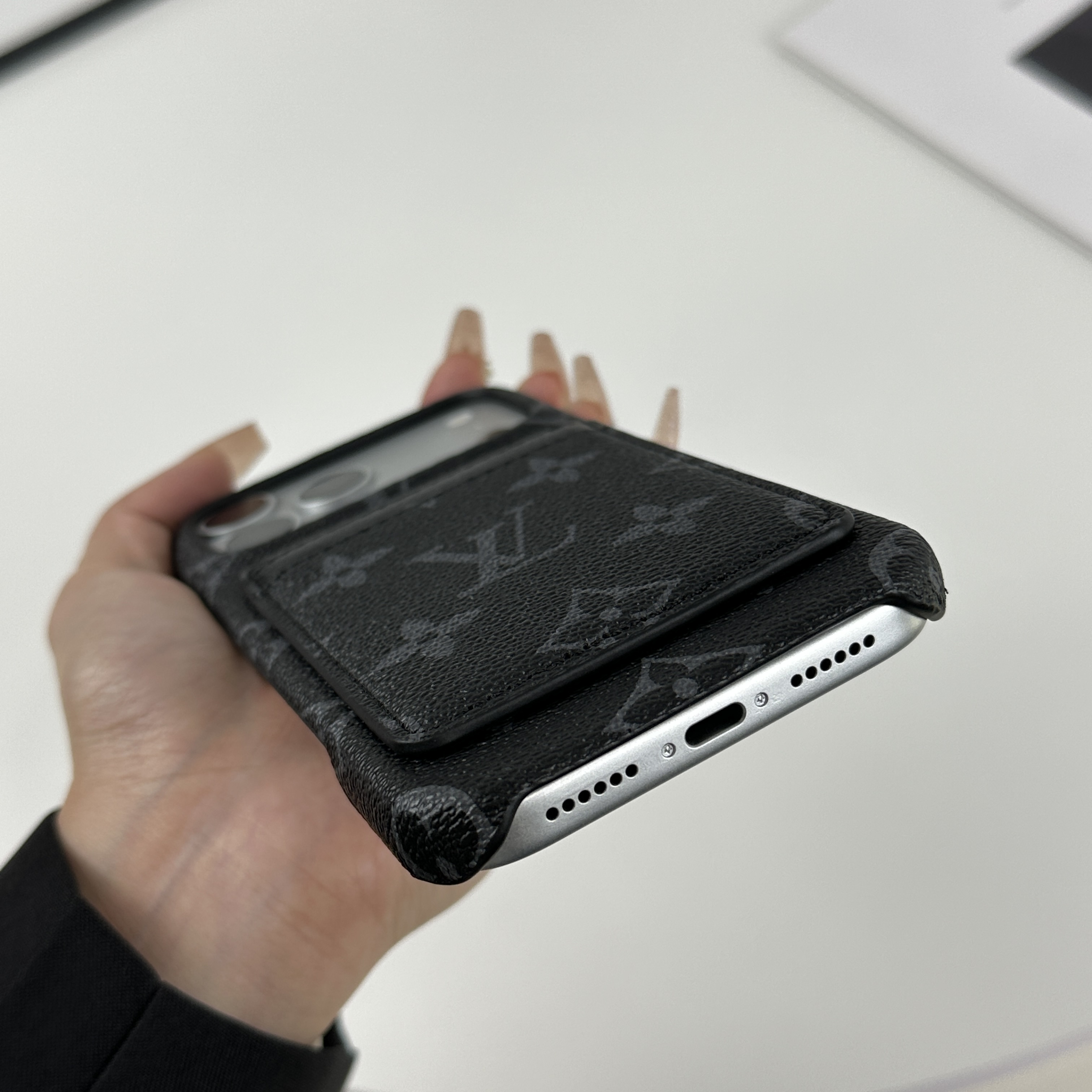 Classic Leather Monogram iPhone Case With Magnetic Card Holder Black Printing For iPhone 17 Series-GELV088