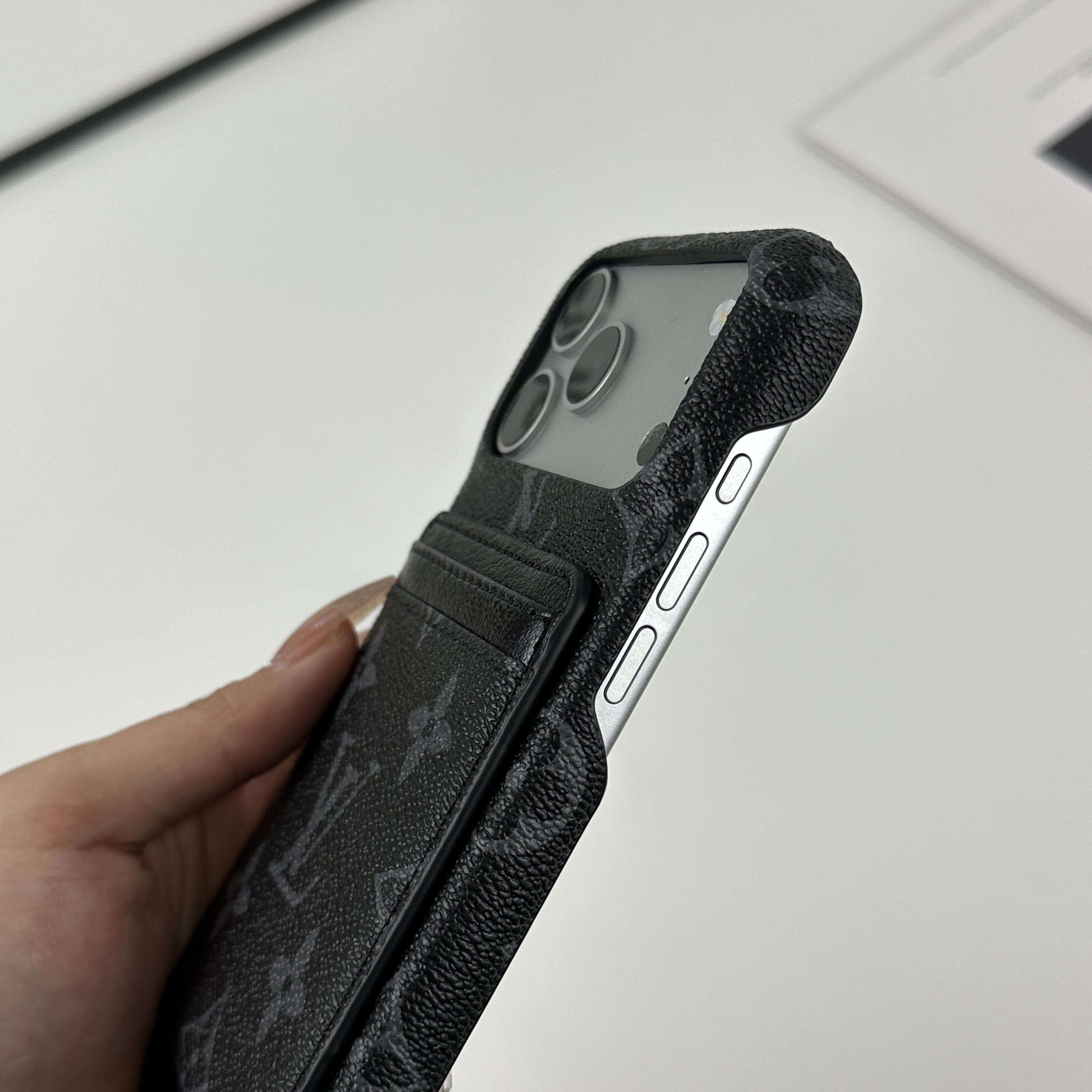 Classic Leather Monogram iPhone Case With Magnetic Card Holder Black Printing For iPhone 17 Series-GELV088