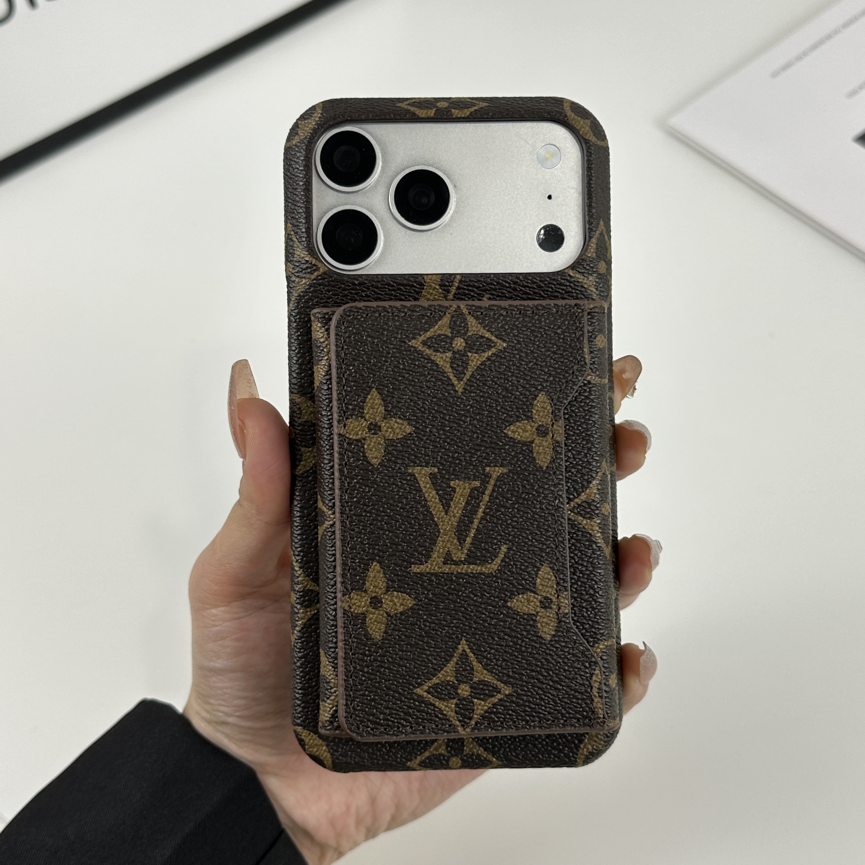 Premium Leather Monogram iPhone Case With Magnetic Wallet Big Printing For iPhone 17 Series-GELV089