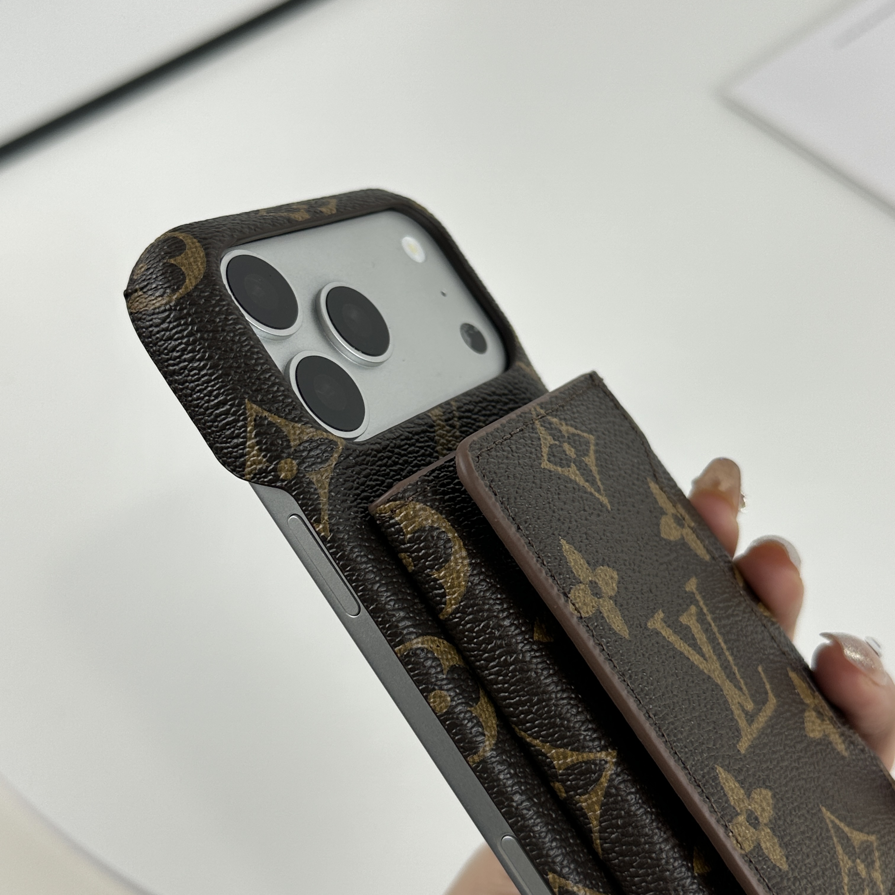 Premium Leather Monogram iPhone Case With Magnetic Wallet Big Printing For iPhone 17 Series-GELV089