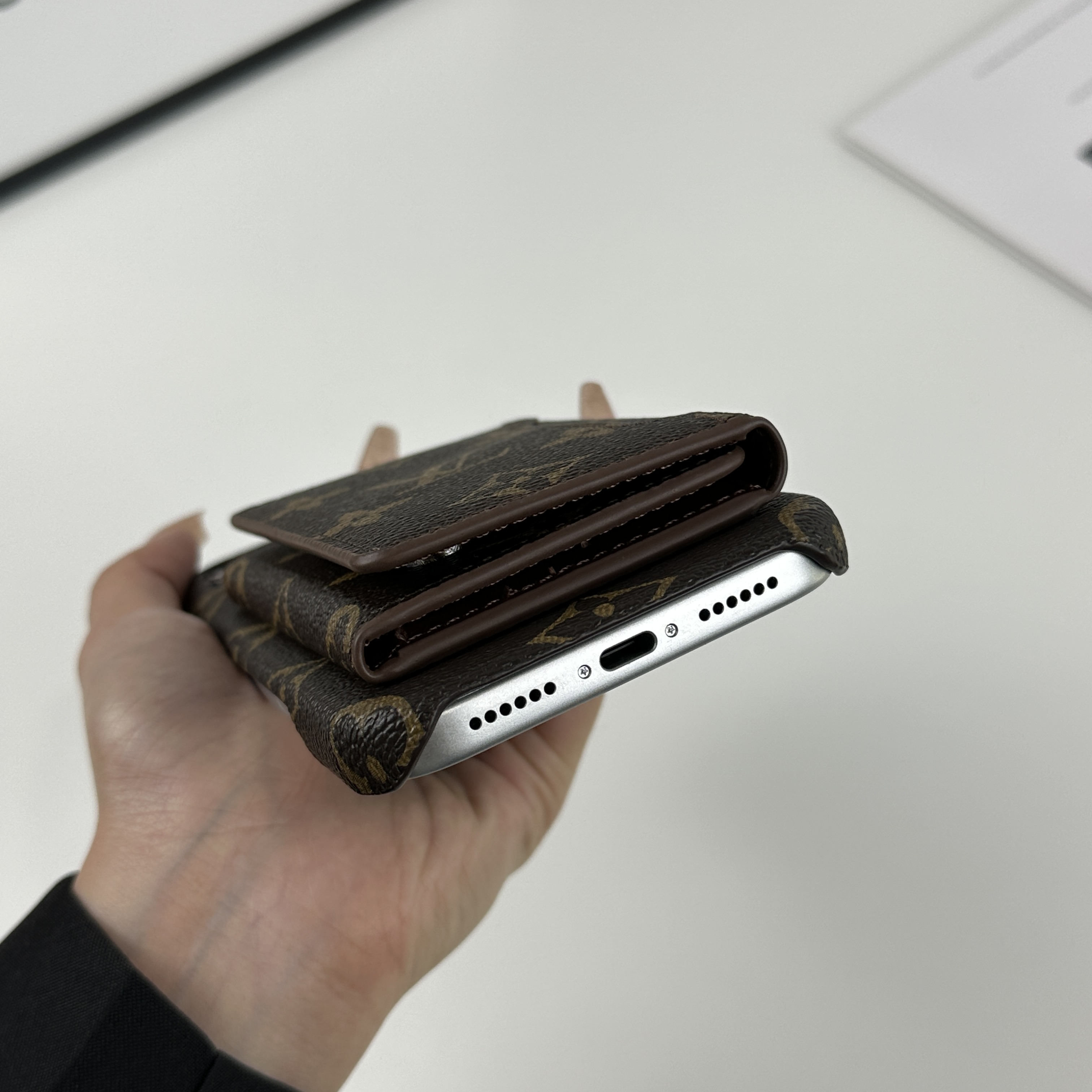 Premium Leather Monogram iPhone Case With Magnetic Wallet Big Printing For iPhone 17 Series-GELV089