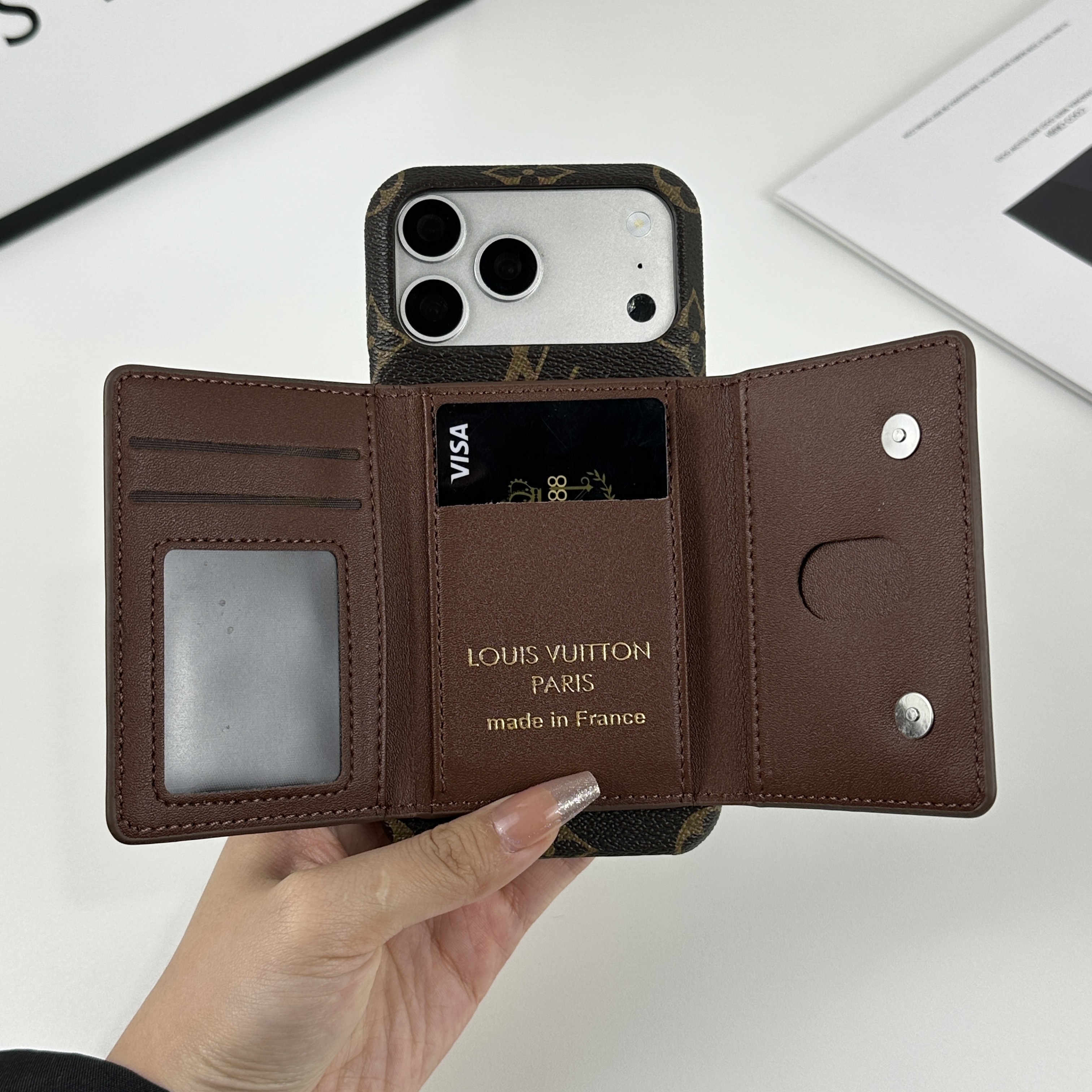 Premium Leather Monogram iPhone Case With Magnetic Wallet Big Printing For iPhone 17 Series-GELV089