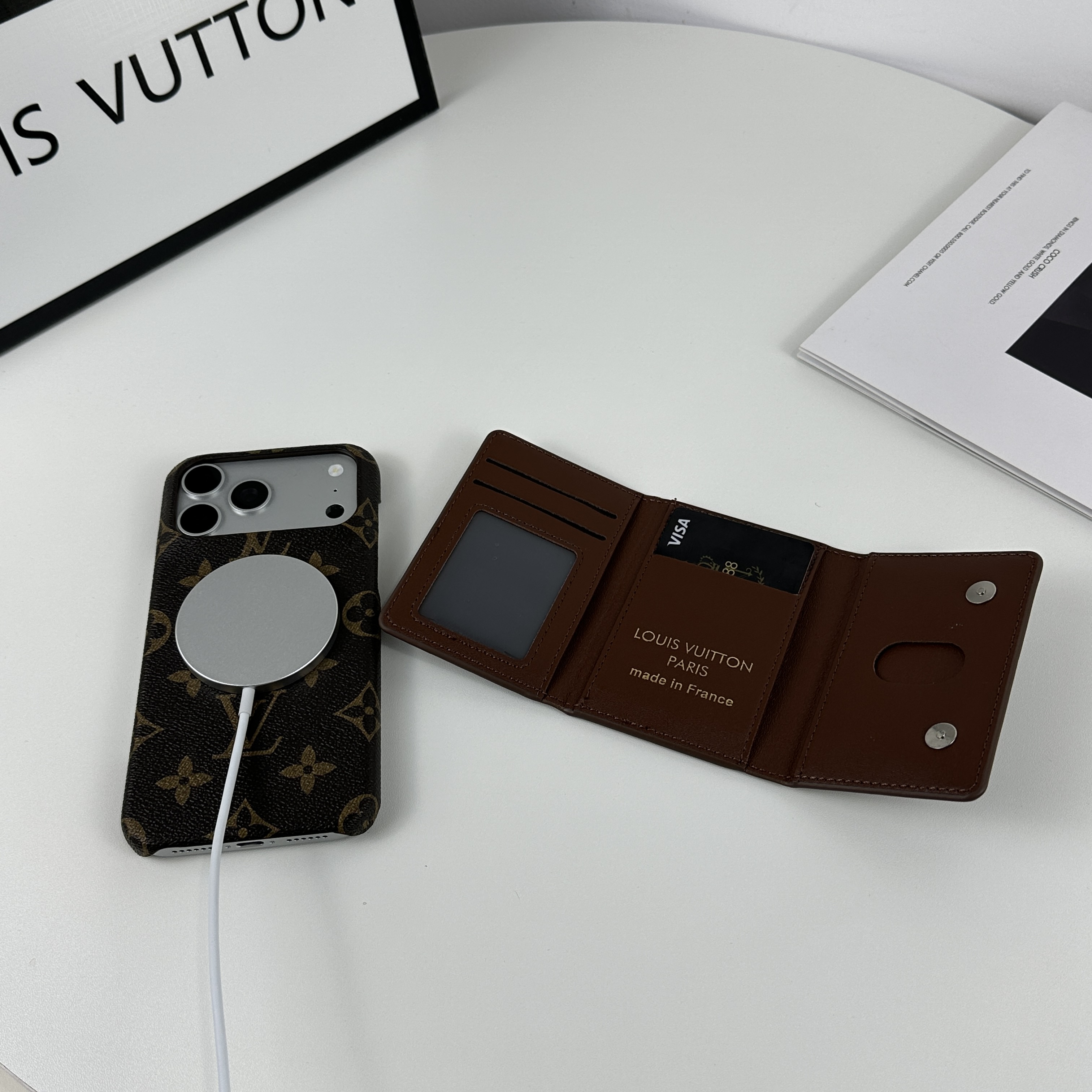 Premium Leather Monogram iPhone Case With Magnetic Wallet Big Printing For iPhone 17 Series-GELV089