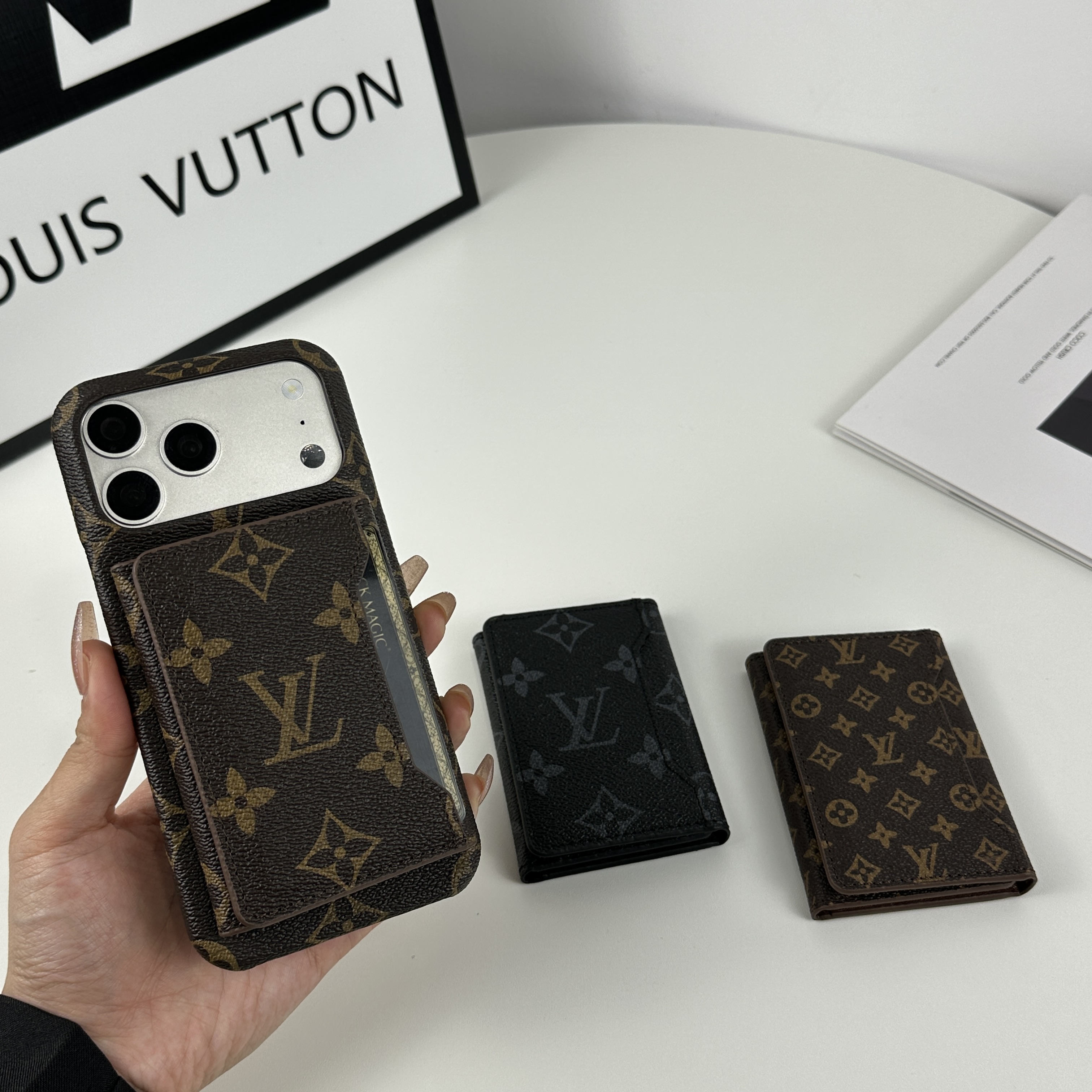 Premium Leather Monogram iPhone Case With Magnetic Wallet Big Printing For iPhone 17 Series-GELV089