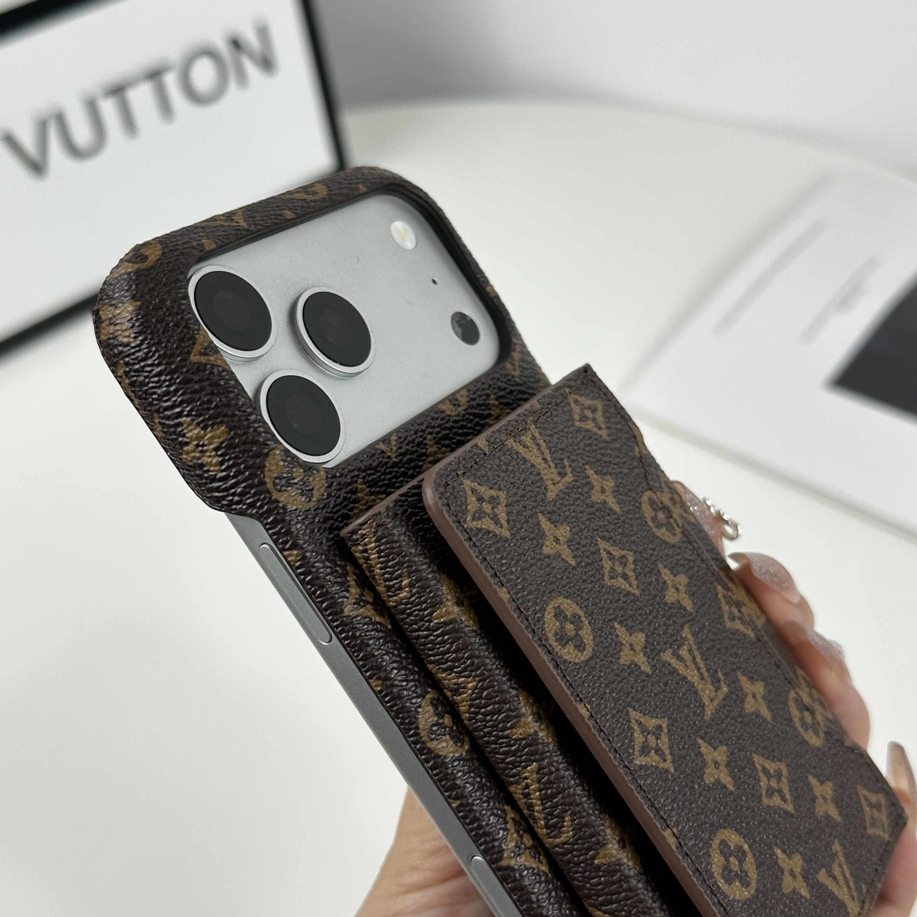 Elegant Leather Monogram iPhone Case With Magnetic Wallet Small Printing For iPhone 17 Series-GELV090