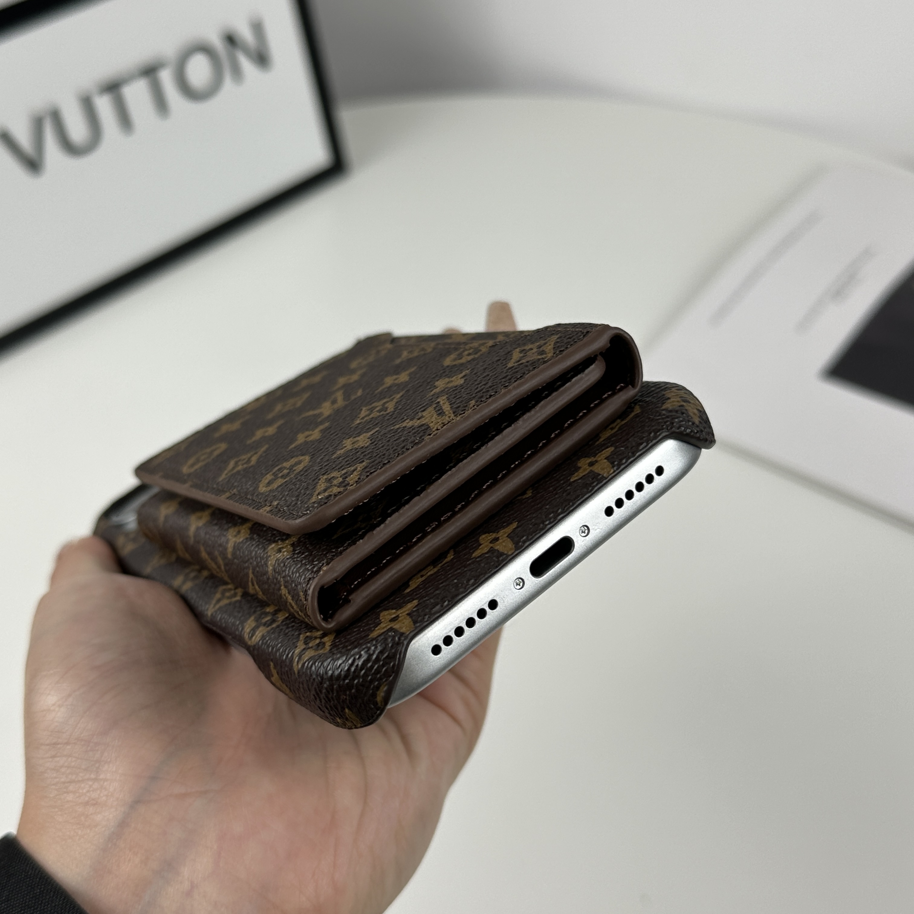 Elegant Leather Monogram iPhone Case With Magnetic Wallet Small Printing For iPhone 17 Series-GELV090