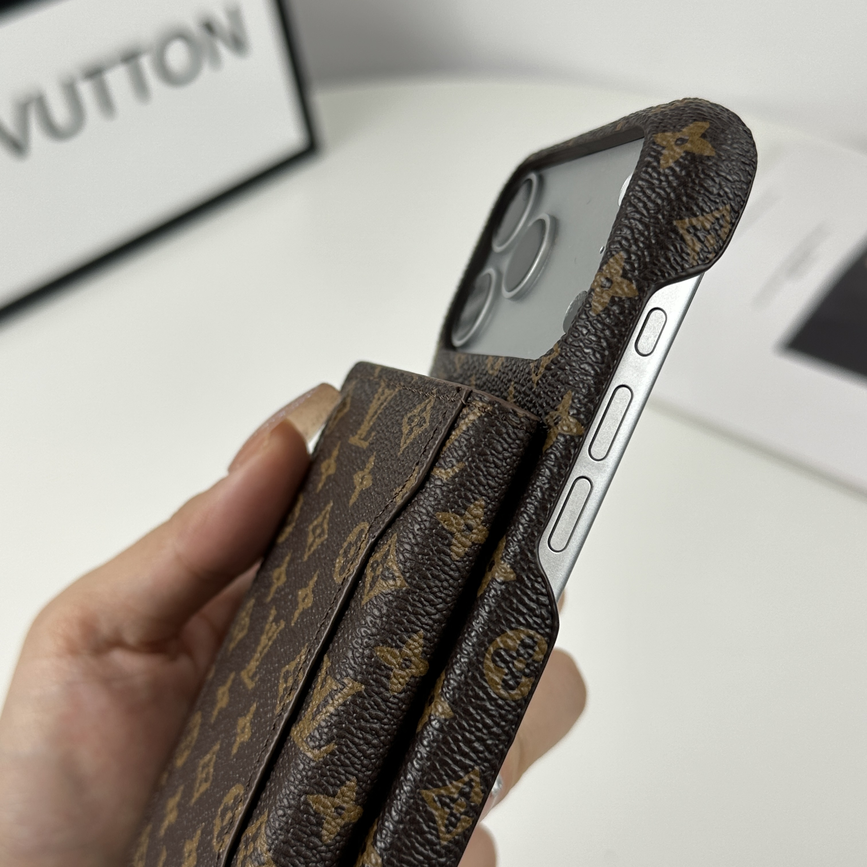 Elegant Leather Monogram iPhone Case With Magnetic Wallet Small Printing For iPhone 17 Series-GELV090