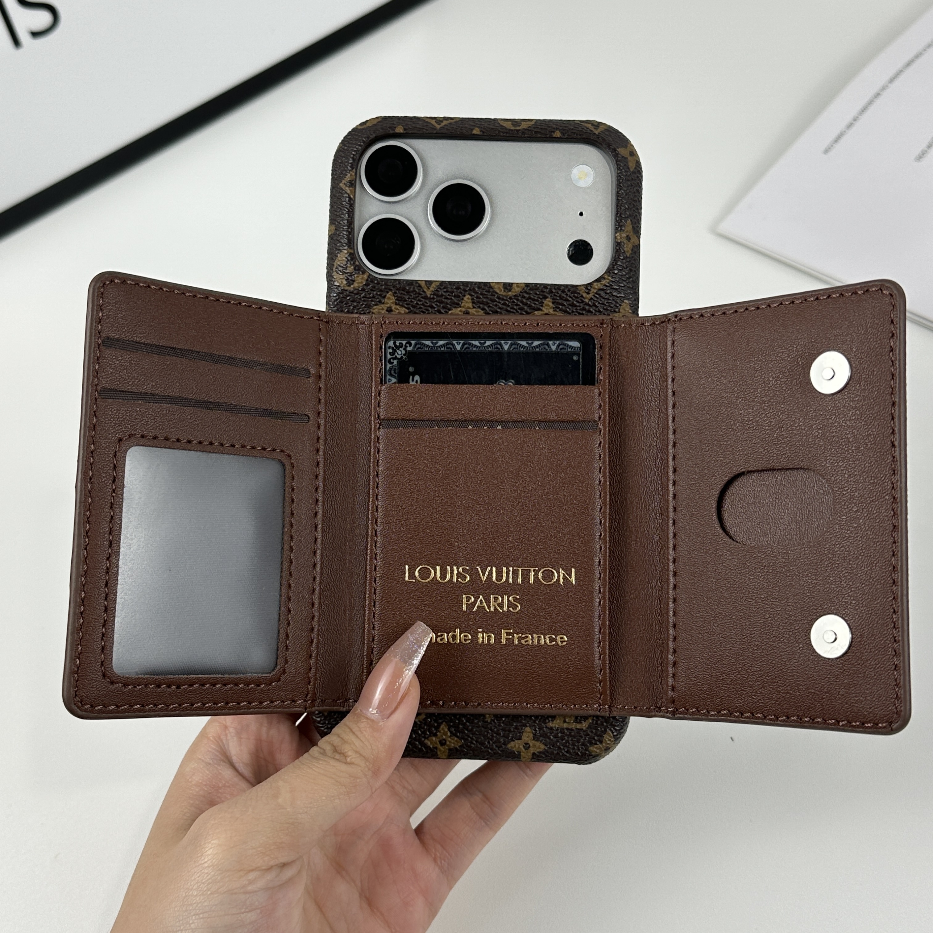 Elegant Leather Monogram iPhone Case With Magnetic Wallet Small Printing For iPhone 17 Series-GELV090