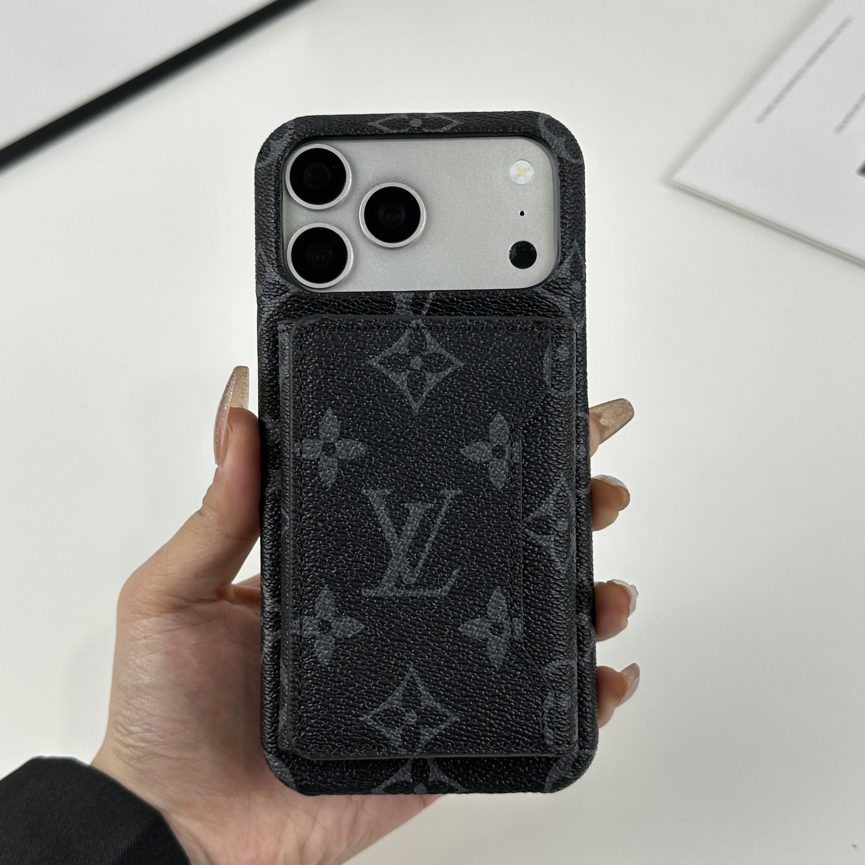Stylish Leather Monogram iPhone Case With Magnetic Wallet Black Printing For iPhone 17 Series-GELV091