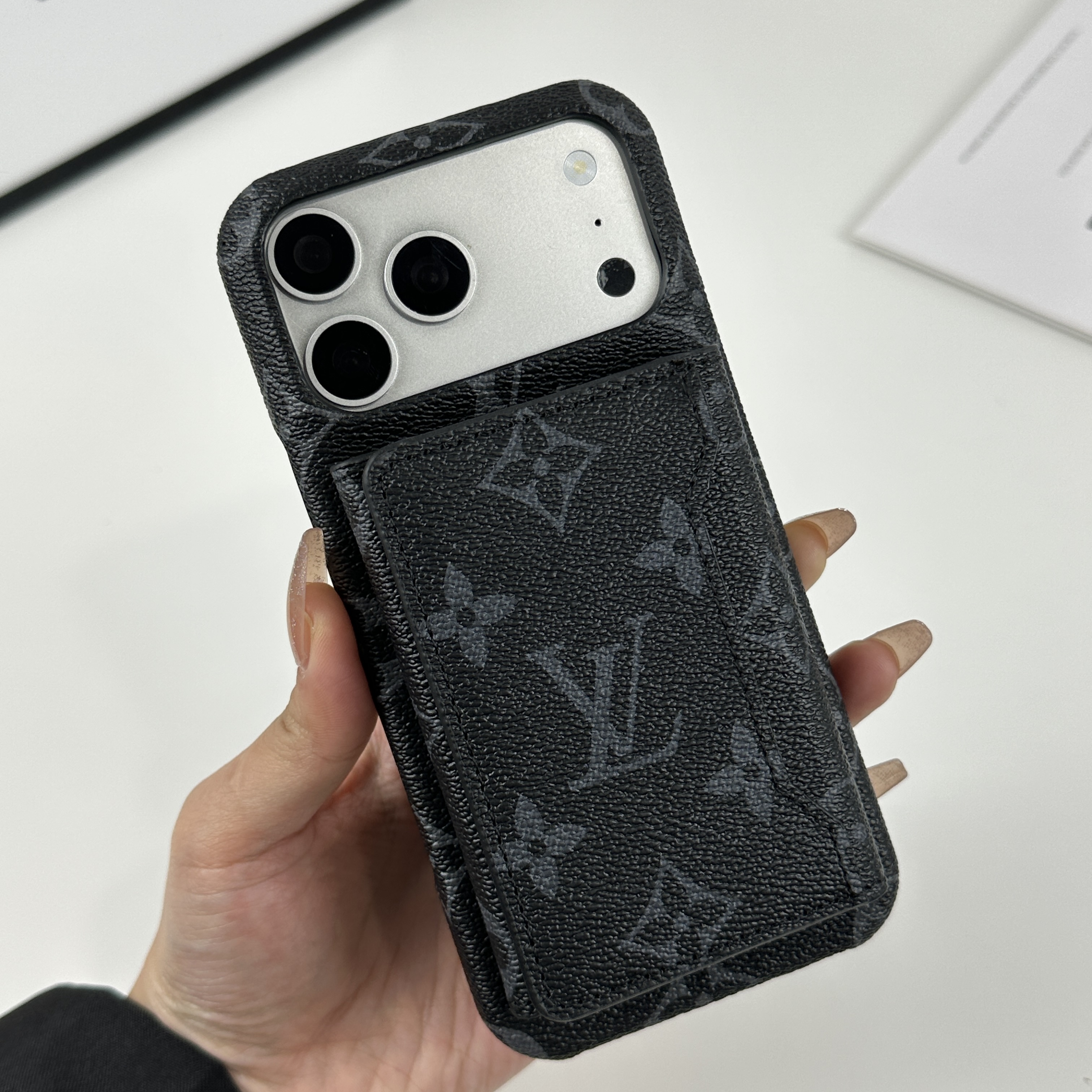 Stylish Leather Monogram iPhone Case With Magnetic Wallet Black Printing For iPhone 17 Series-GELV091
