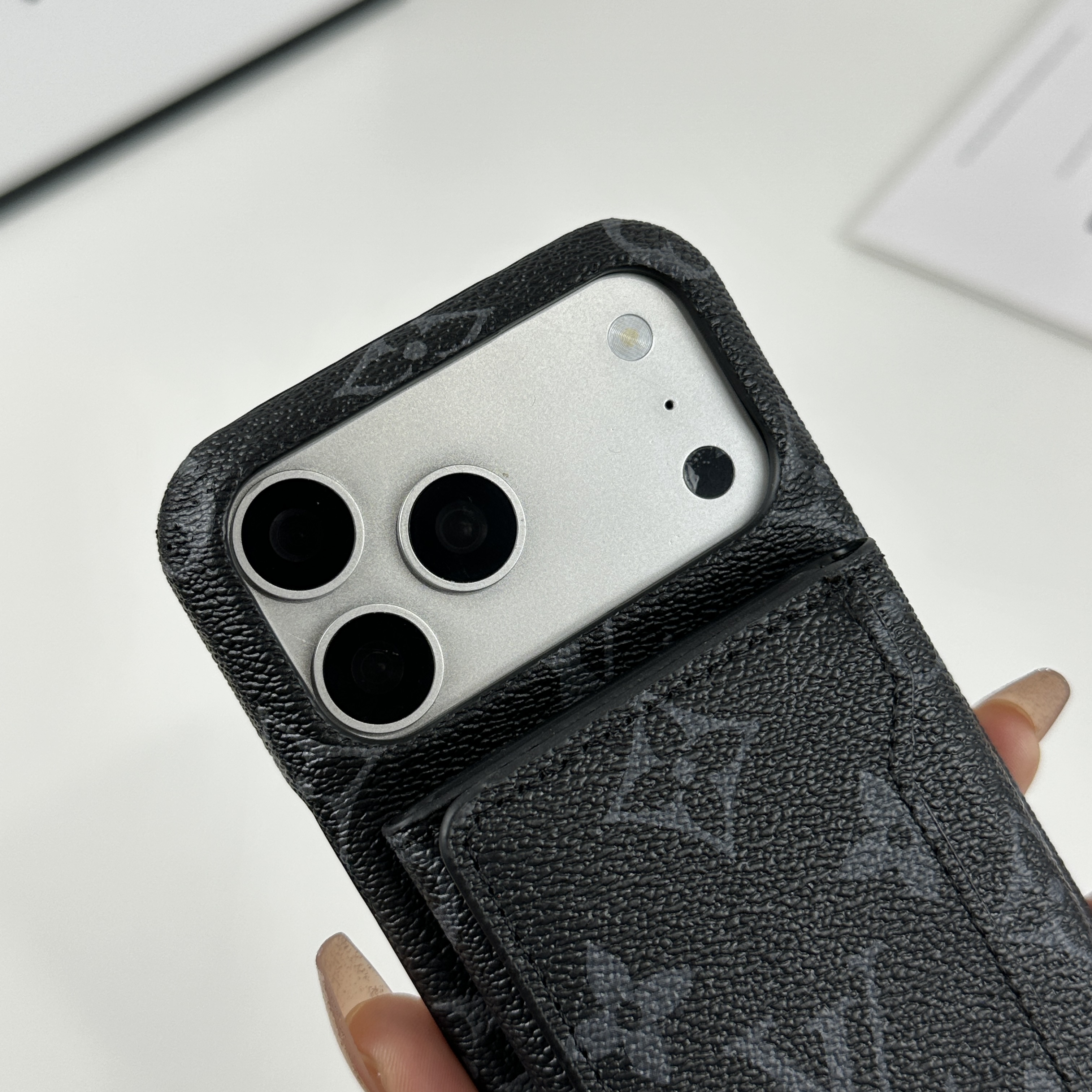 Stylish Leather Monogram iPhone Case With Magnetic Wallet Black Printing For iPhone 17 Series-GELV091