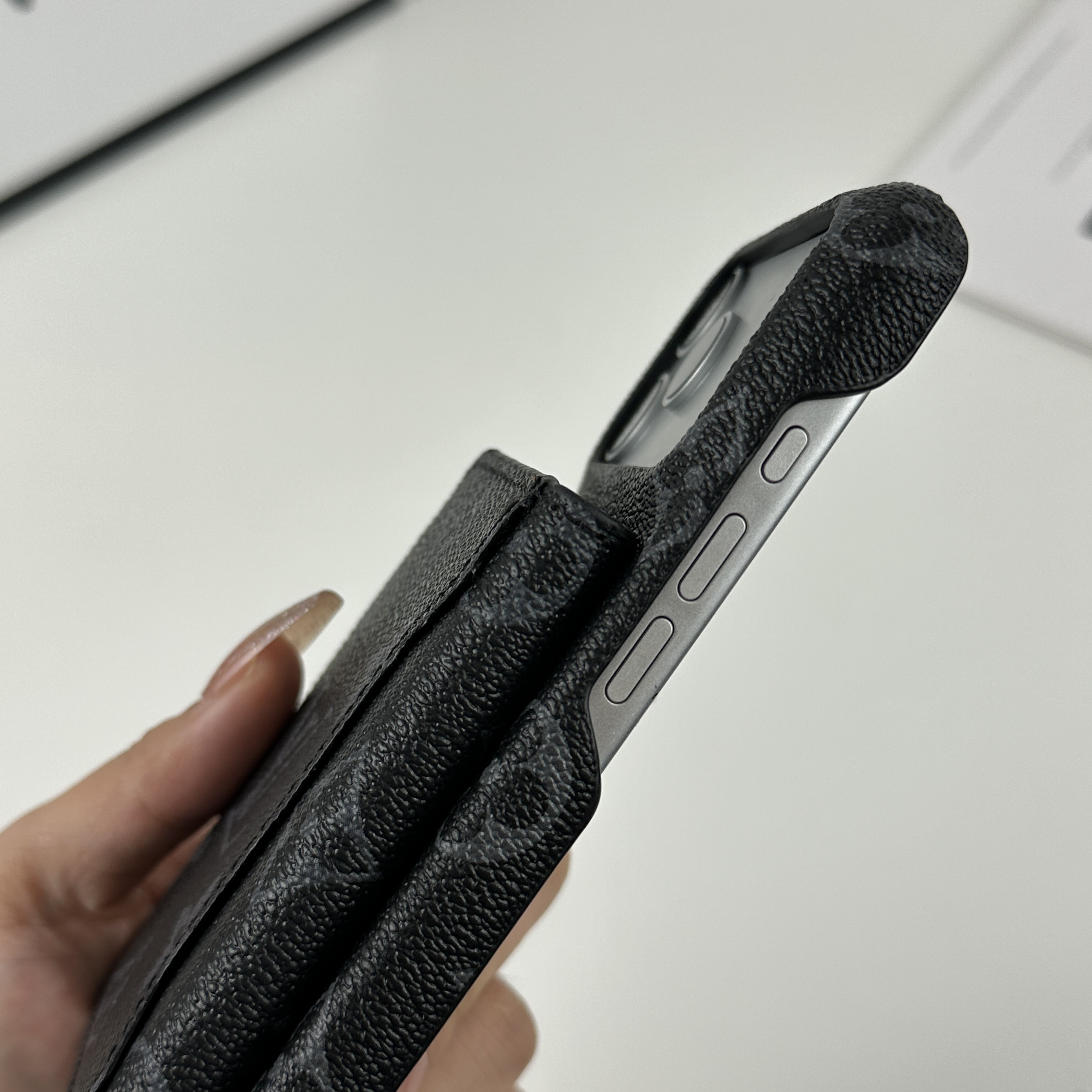 Stylish Leather Monogram iPhone Case With Magnetic Wallet Black Printing For iPhone 17 Series-GELV091