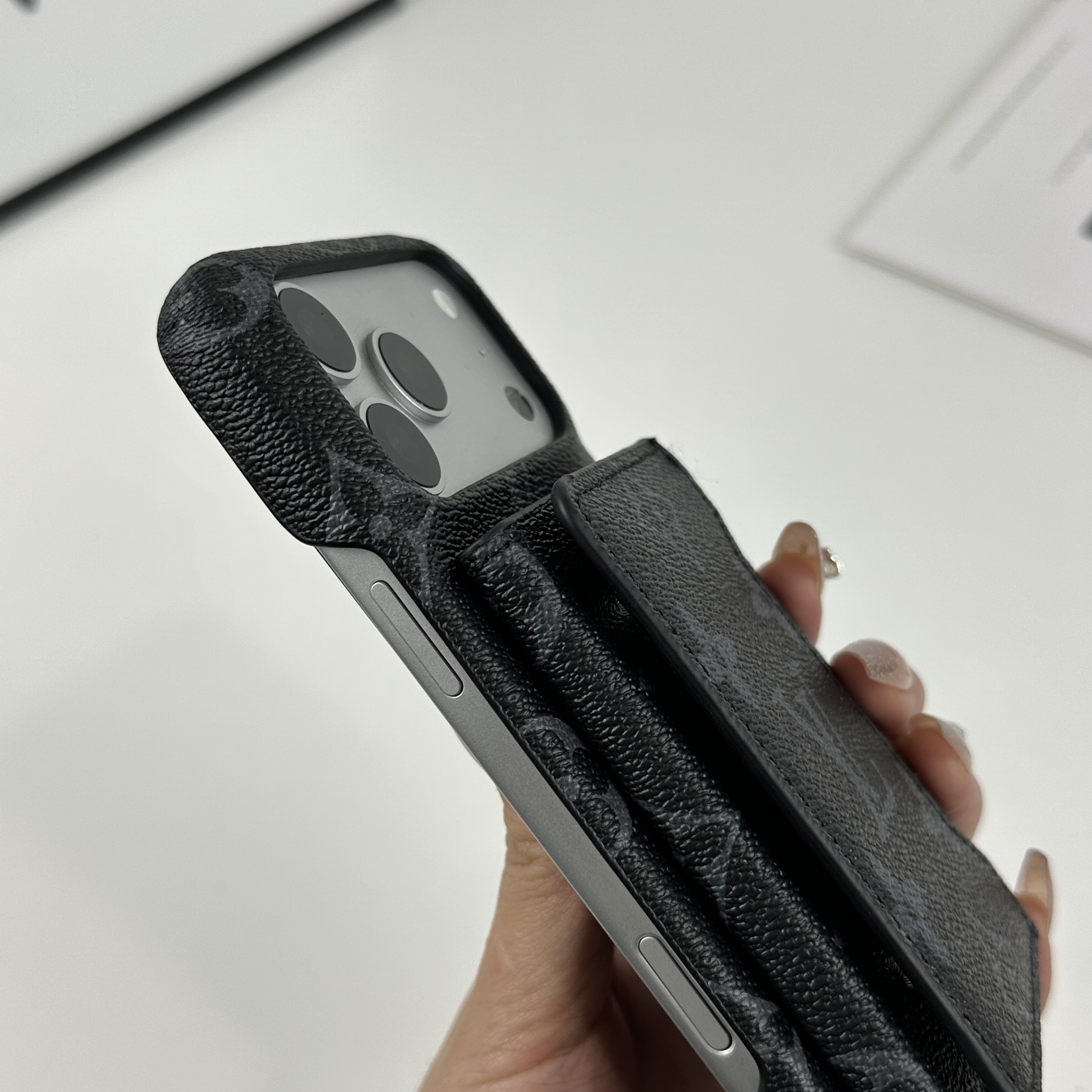 Stylish Leather Monogram iPhone Case With Magnetic Wallet Black Printing For iPhone 17 Series-GELV091