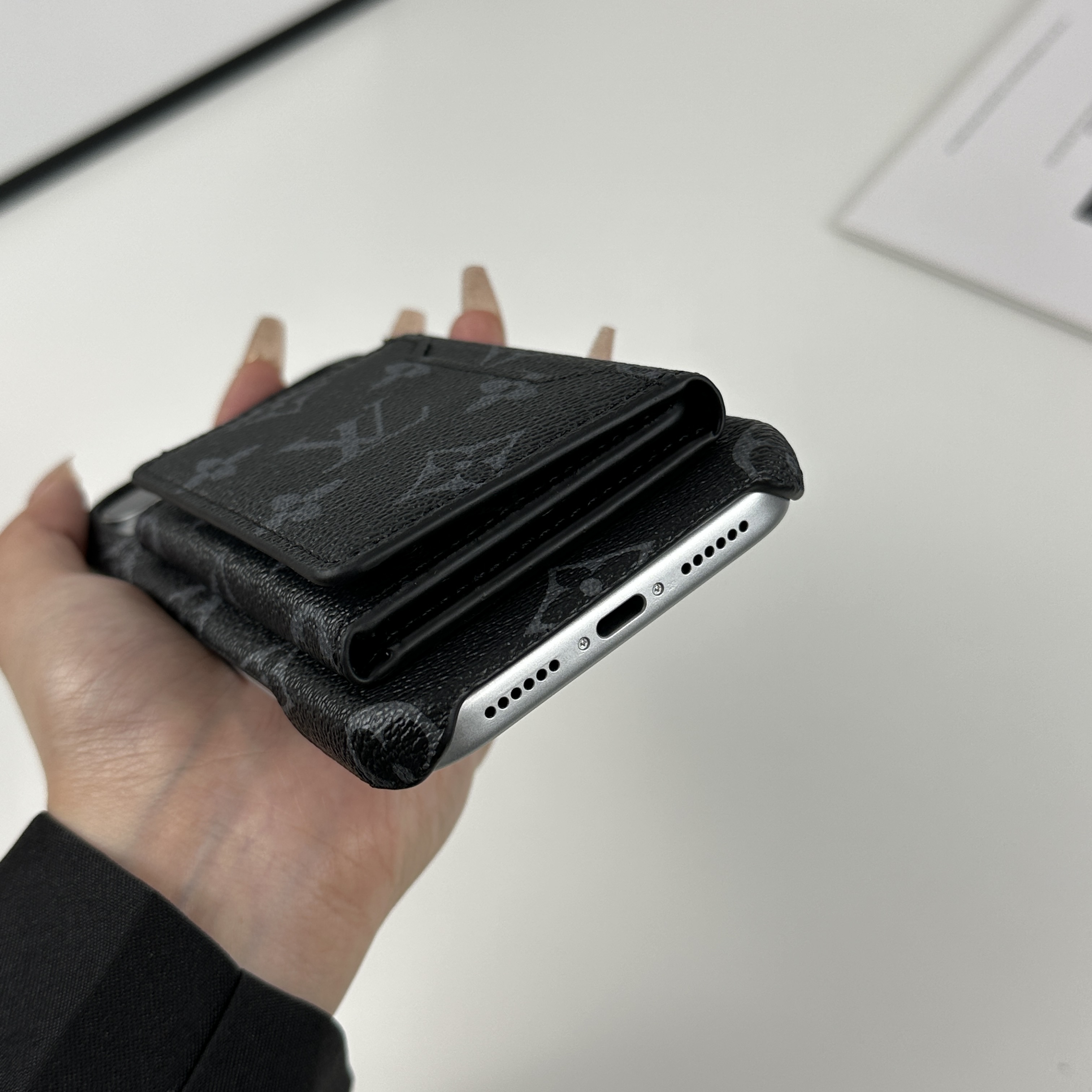 Stylish Leather Monogram iPhone Case With Magnetic Wallet Black Printing For iPhone 17 Series-GELV091